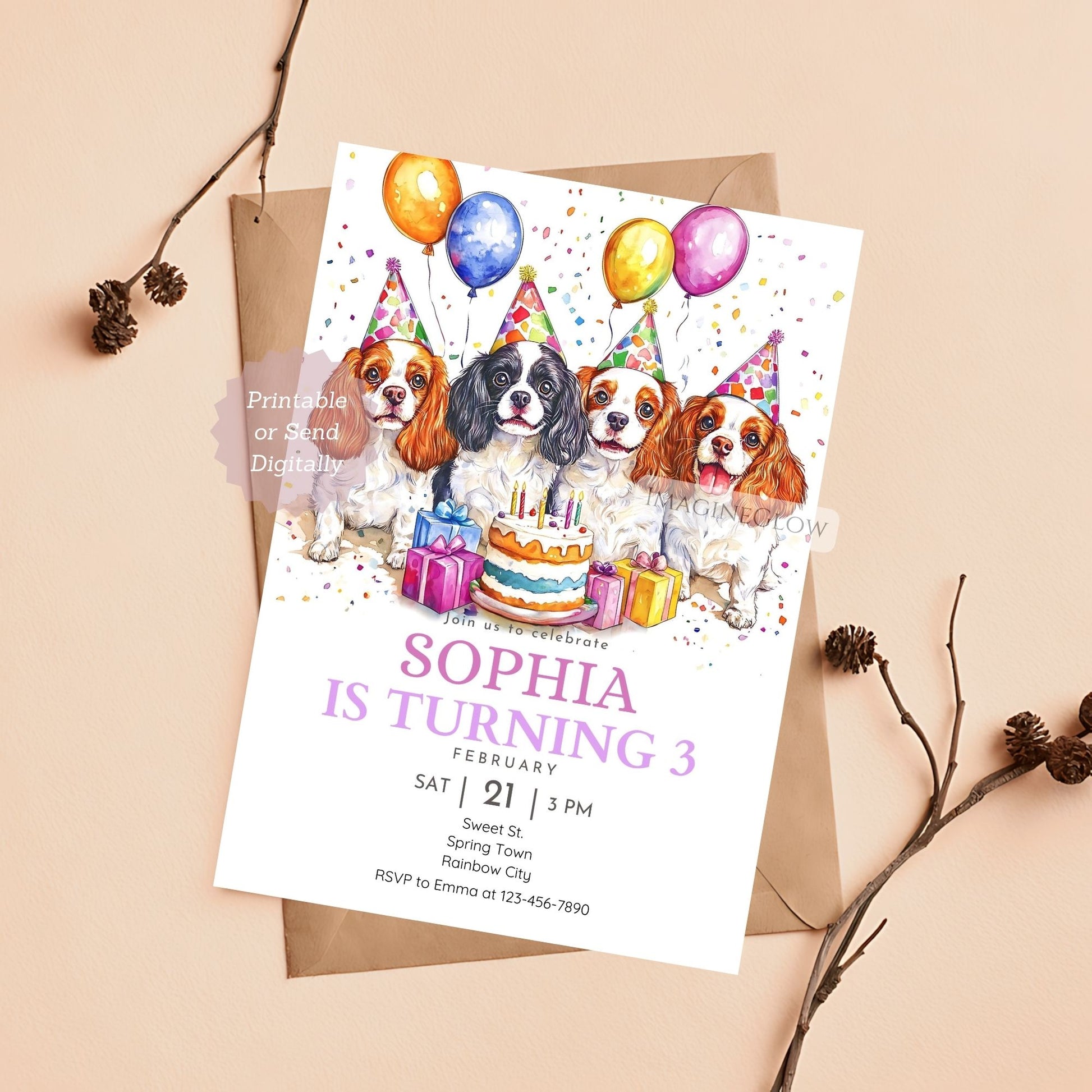 Cute puppy-themed birthday invite featuring a Spaniel dog
Cavalier King Charles Spaniel dog party invitation
