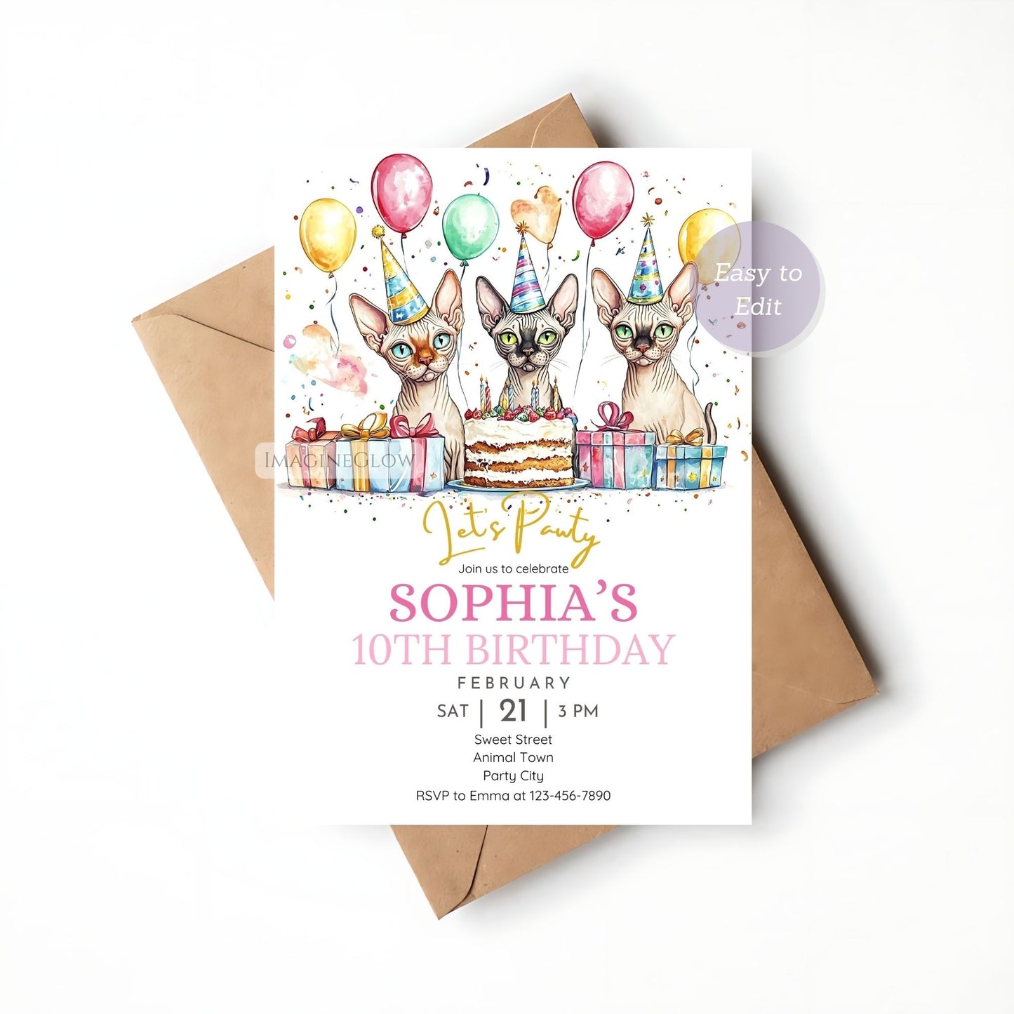 Instant download Sphynx birthday party invite.
Cute Sphynx cat lovers’ birthday invitation.