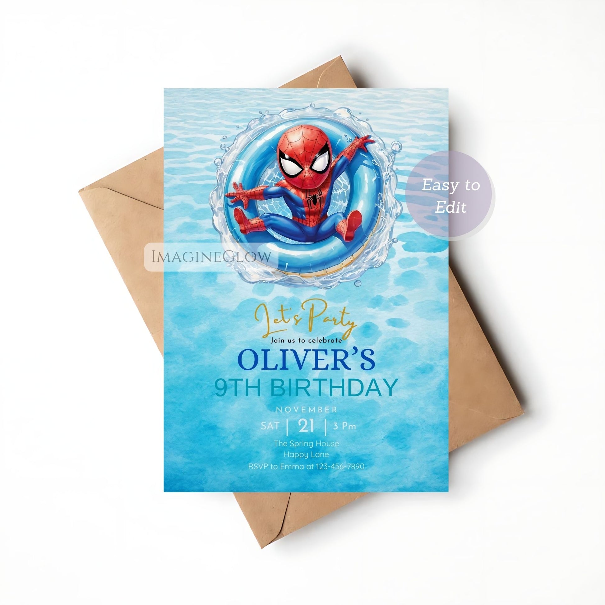 Birthday invitation card with Spider-Man design on a blue background