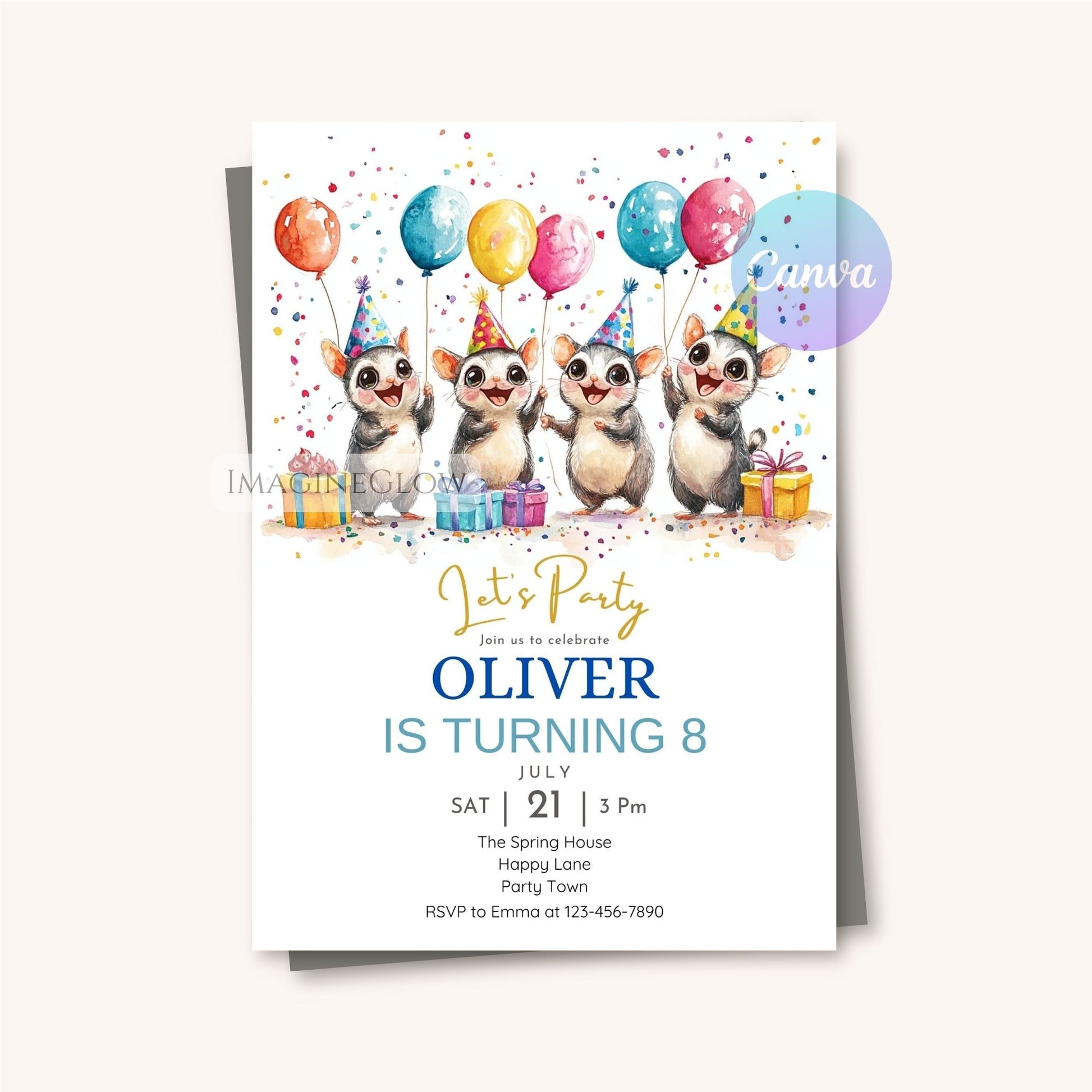 Cute sugar glider birthday party invitation template