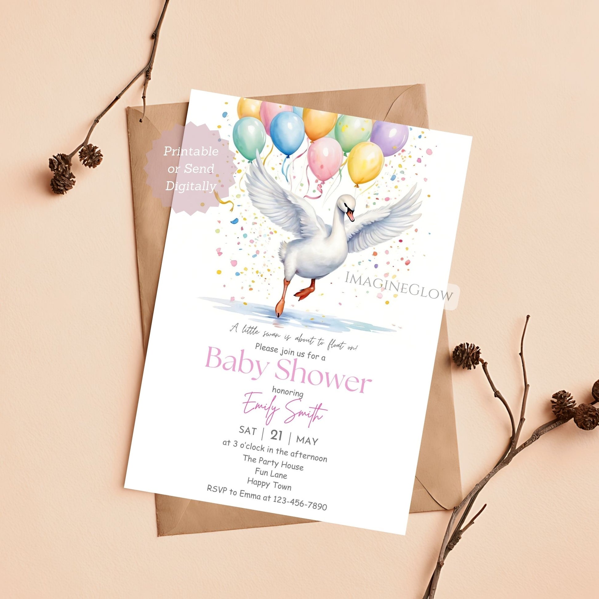 chic swan baby shower invitation