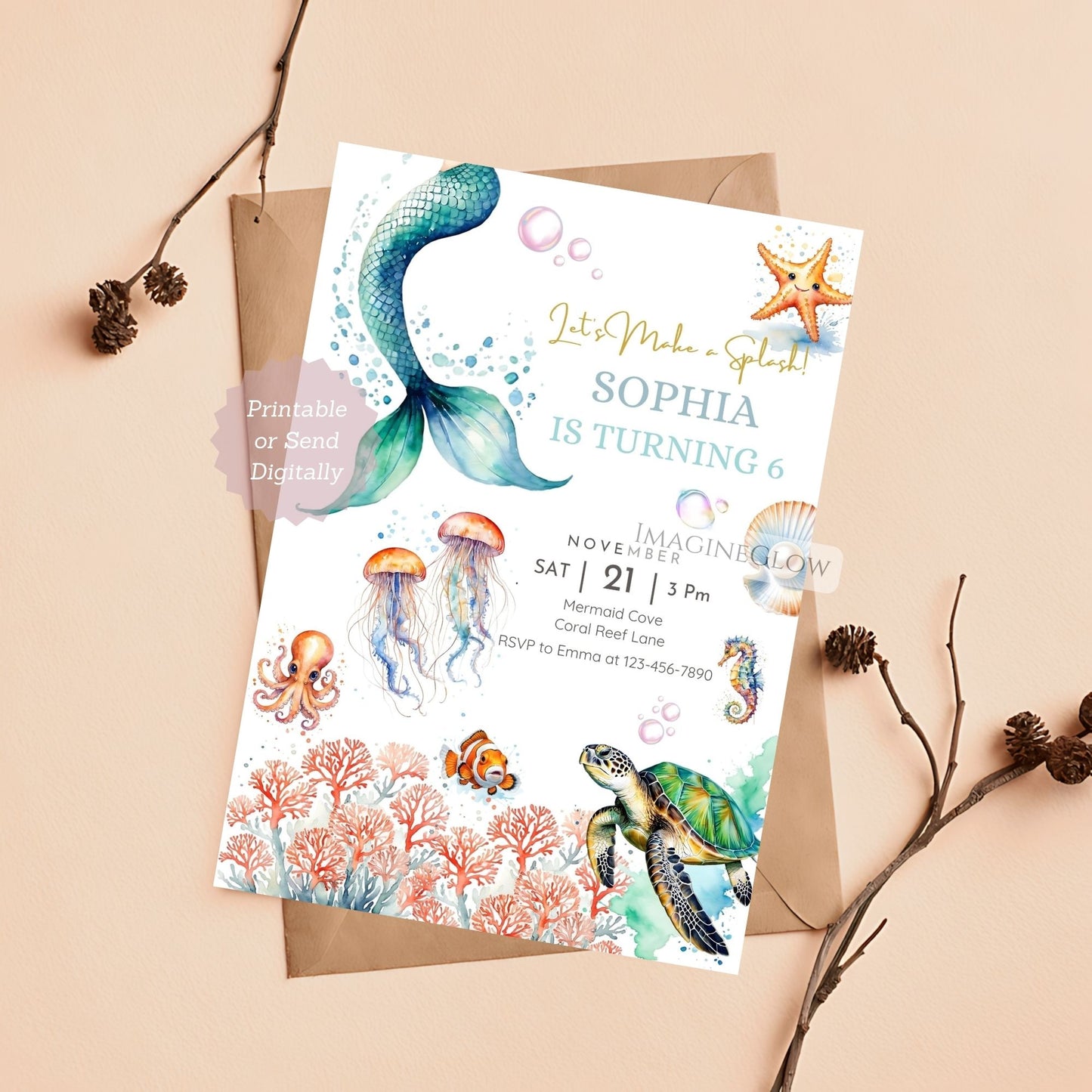 Under the Sea party invitation with a mermaid theme.