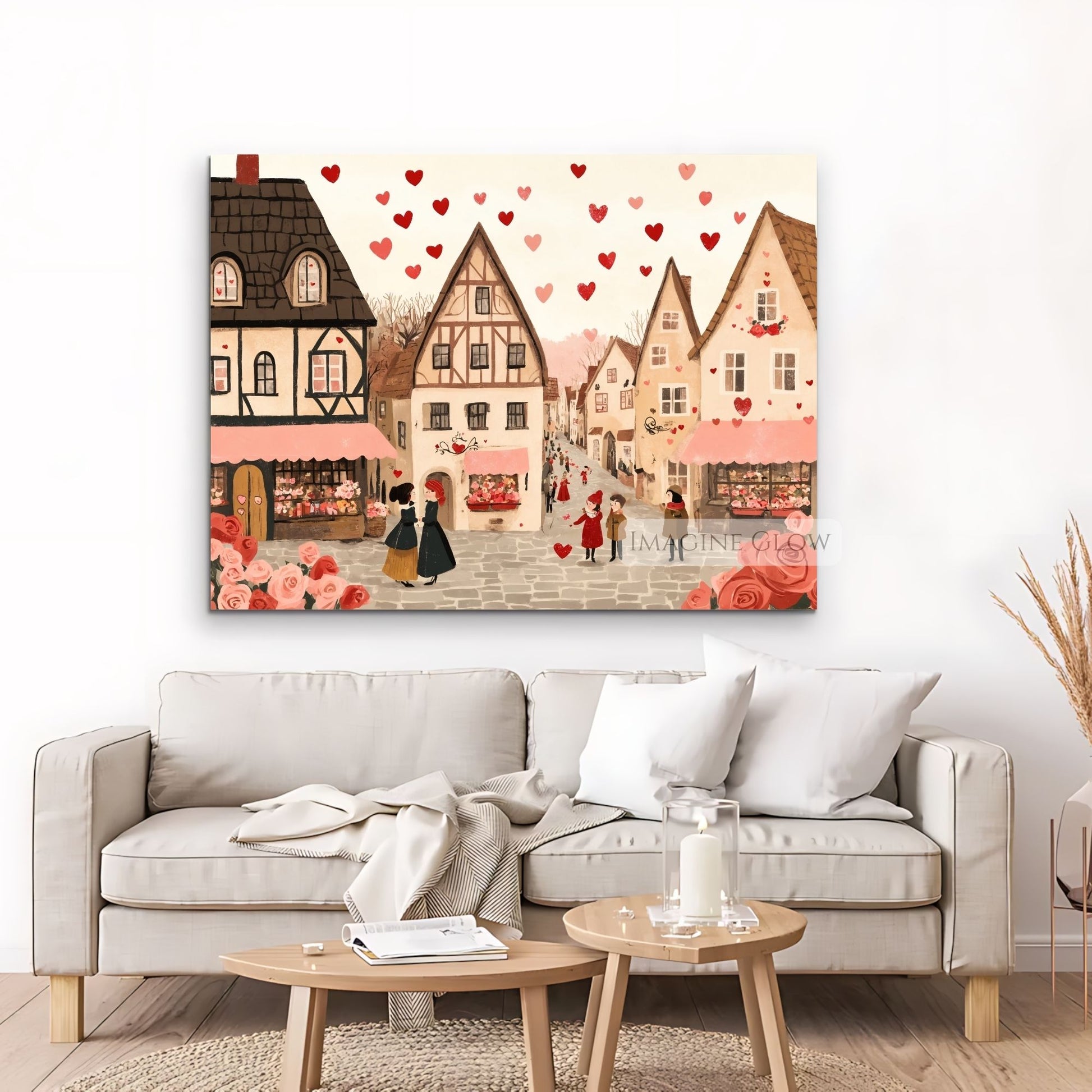 Cozy village wall art with romantic heart accents