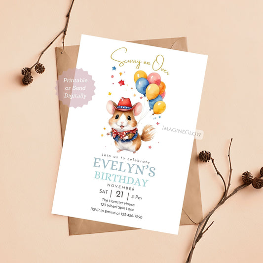 Hamster cowboy birthday invitation
Hamster cowgirl birthday party invite