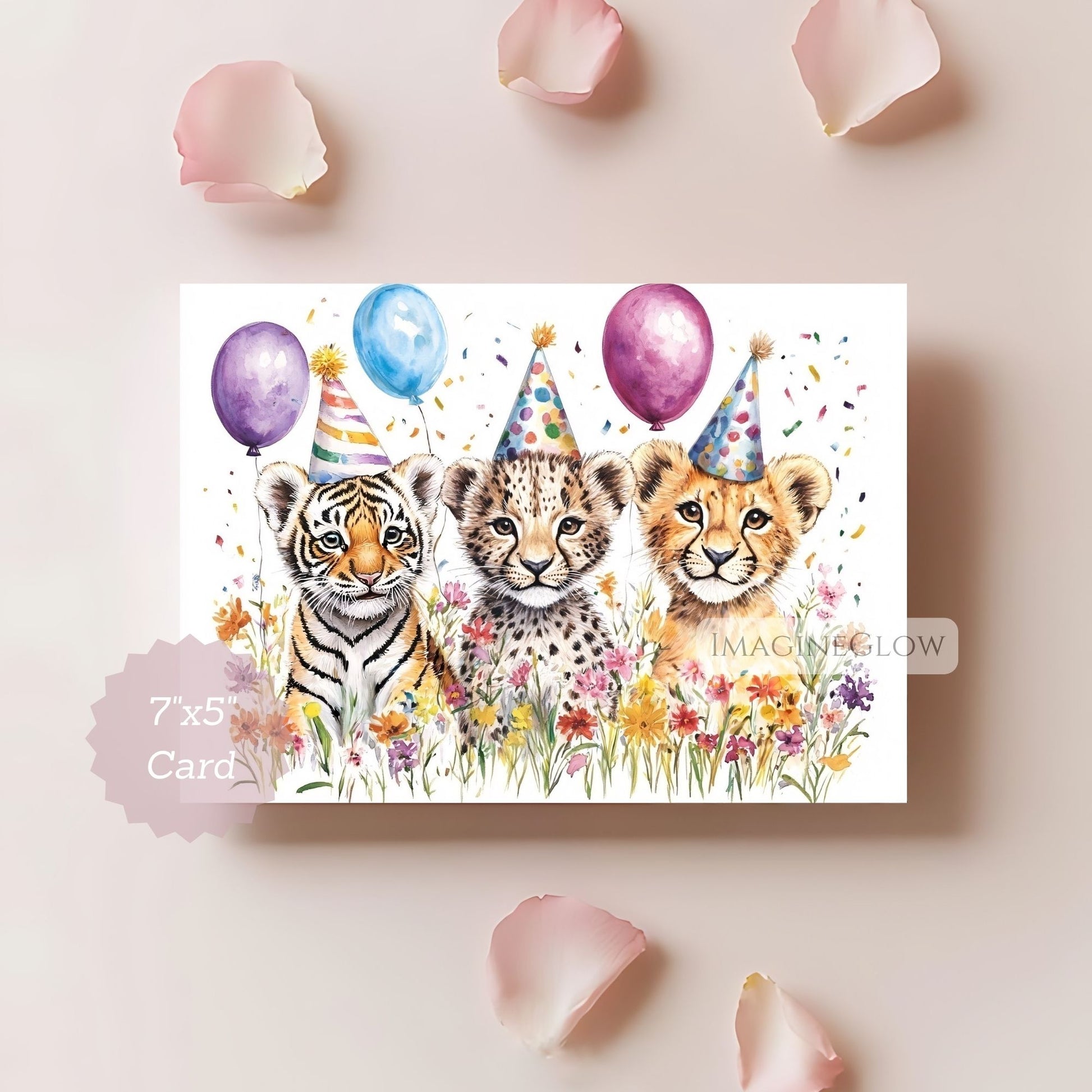 Card with three cartoon tiger cubs wearing party hats among balloons and flowers on a light pink background.