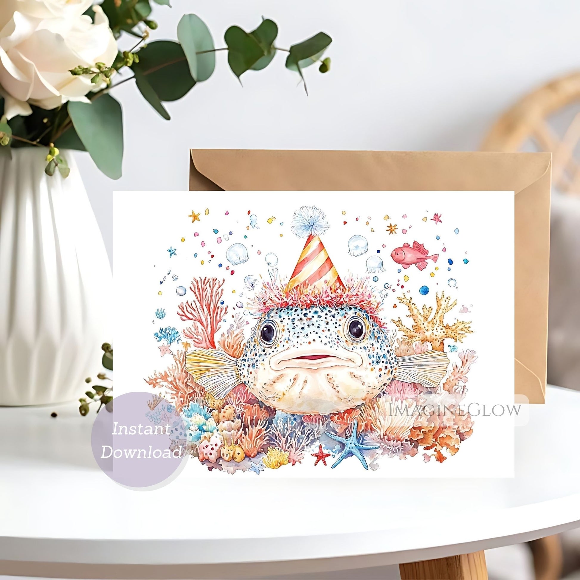 Greeting card with a fish wearing a party hat surrounded by flowers and plants on a white surface.