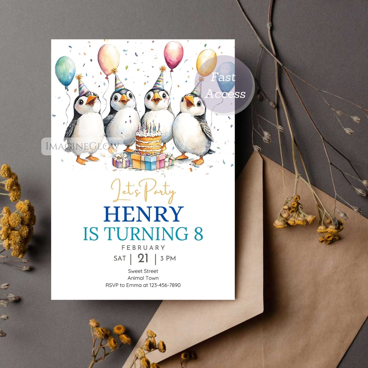Printable puffin card for birthday celebration