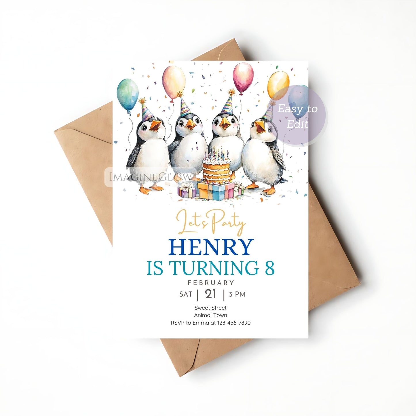 Editable puffin party invite with coastal theme Puffin and ocean party invite for kids
Custom puffin birthday invitation for girls or boys