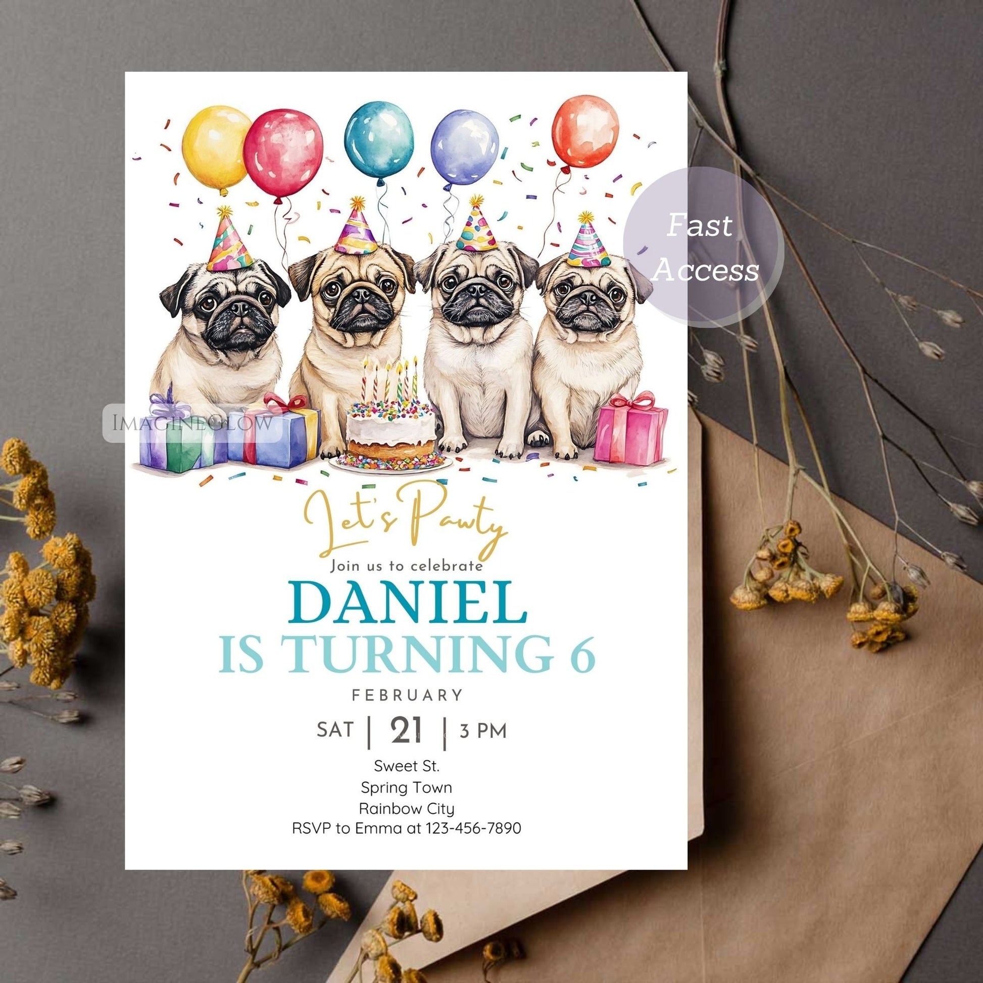 Cute pug dog birthday party invite.