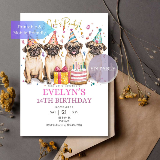 Editable Pug dog-themed kid's birthday invitation template for a fun celebration