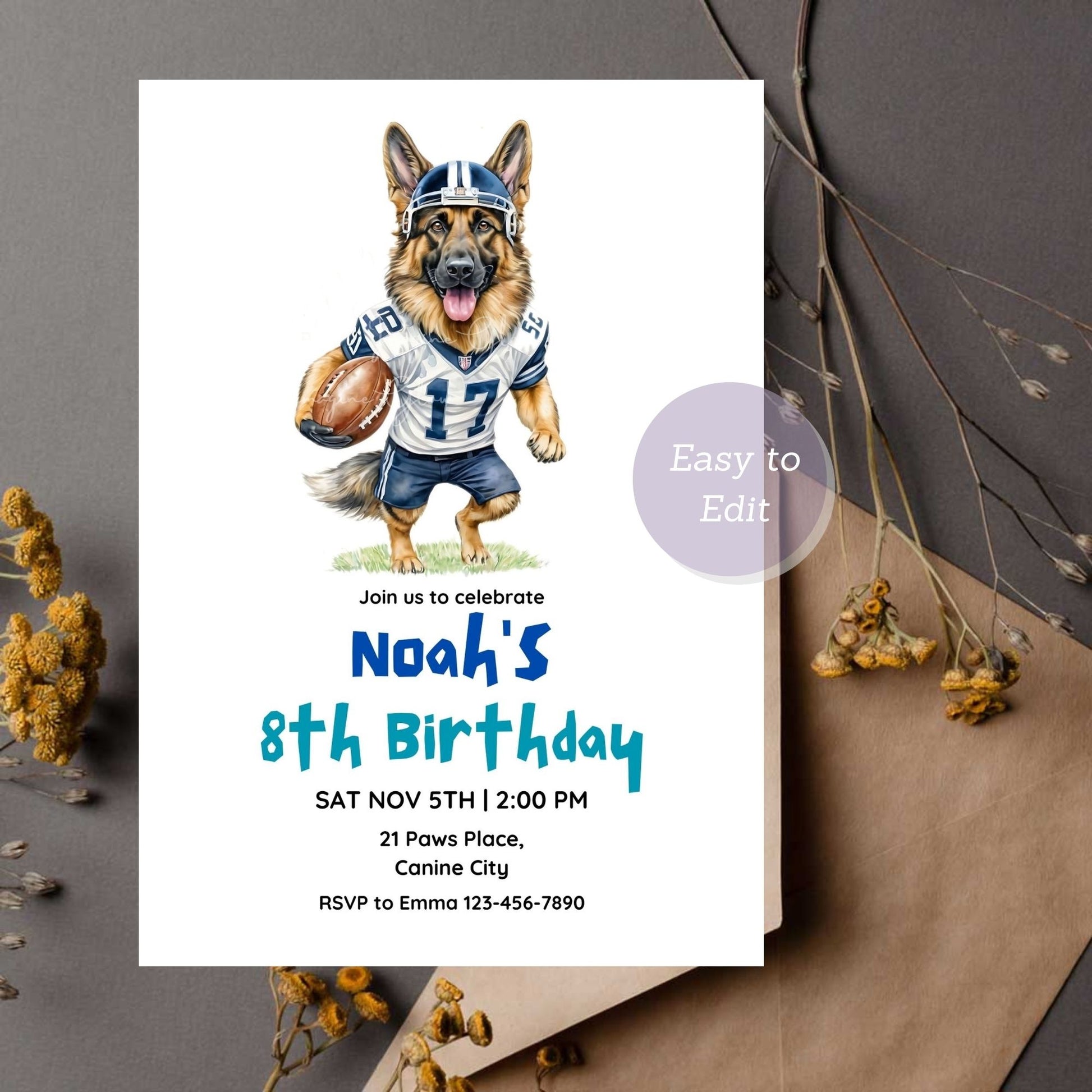 German Shepherd football invite for dog lovers' celebrations.
