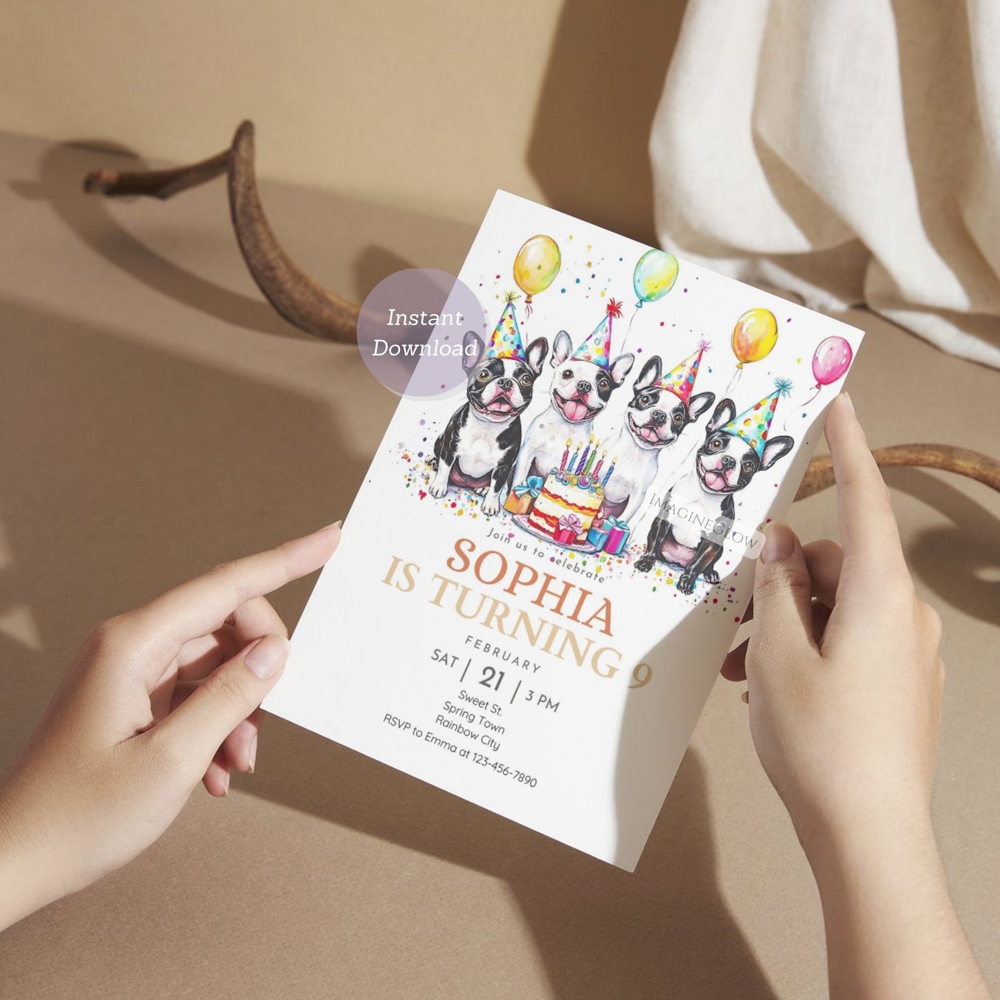 Printable Boston Terrier birthday party invite with puppy illustration