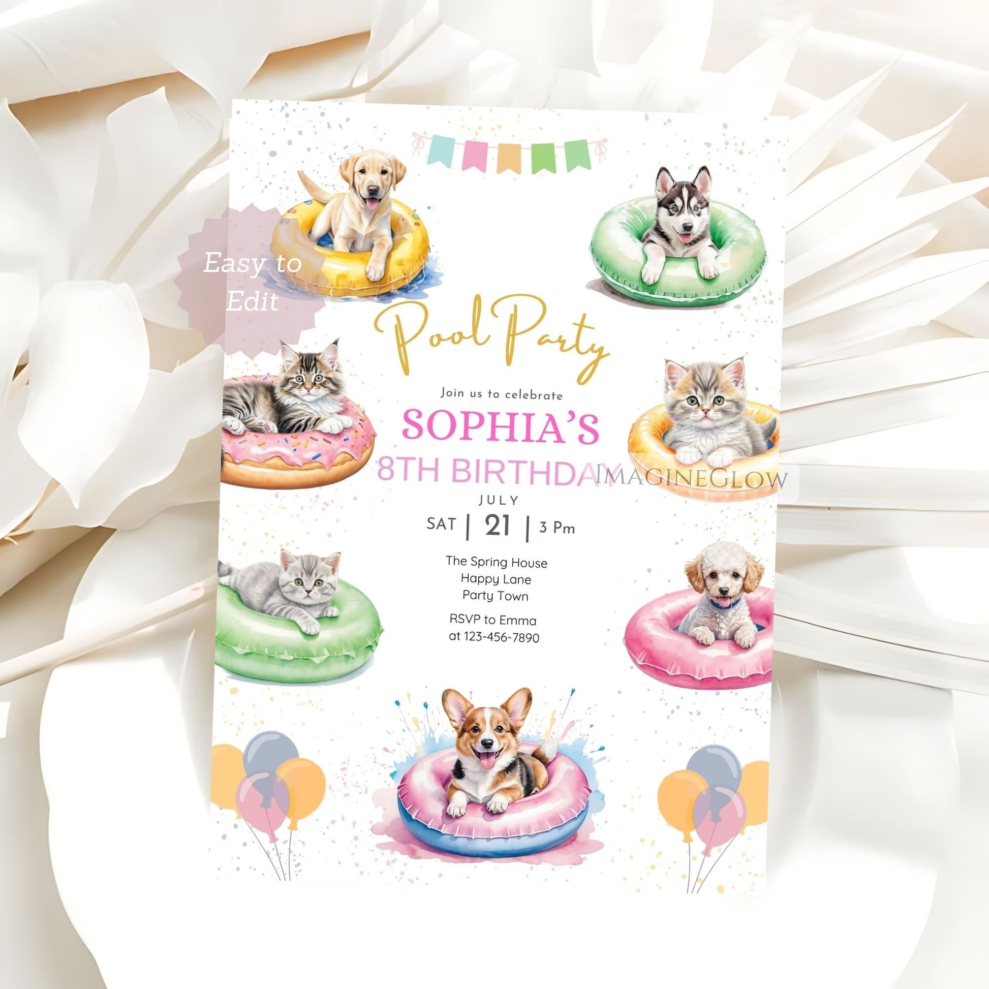 Birthday party invitation with puppies and kittens on inflatable rings