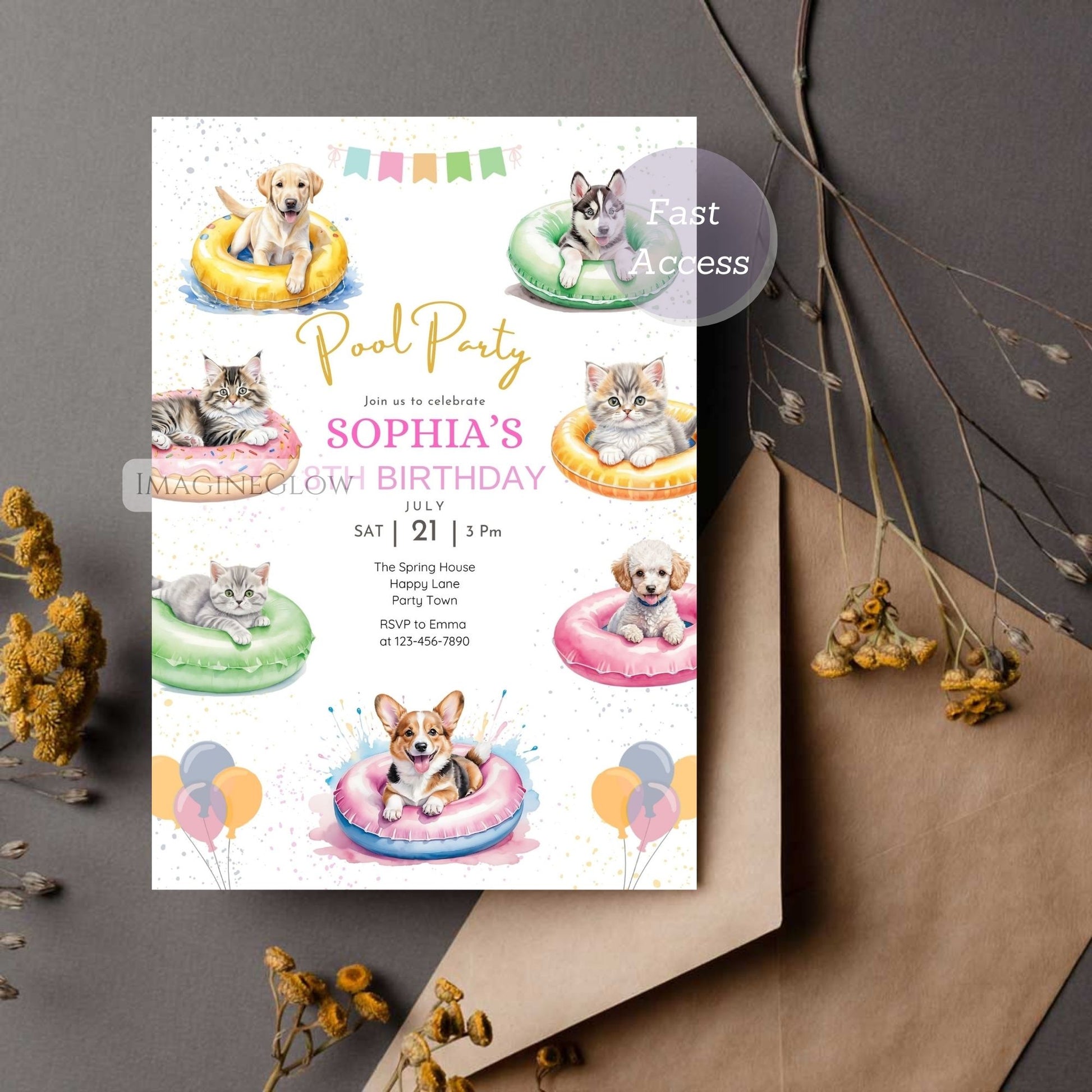 tropical animal pool party kids birthday invitation