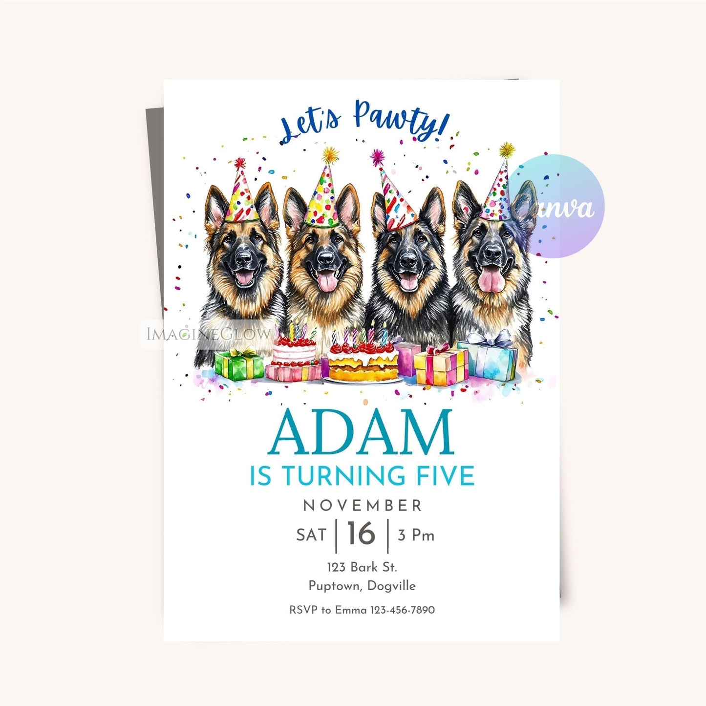 German Shepherd Dog Birthday Invitation Template - Editable Dog Party Invite - Printable Canva Design