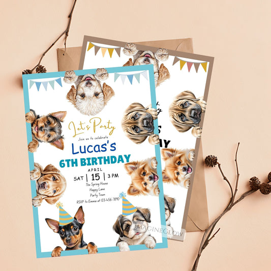 Editable dog invitation for boys' puppy party.
