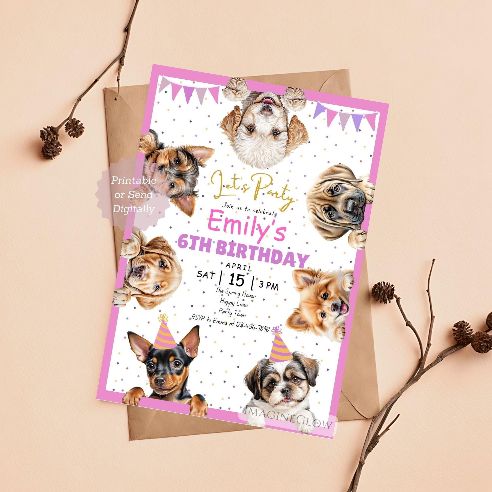 Editable dog invitation for a puppy party celebration.