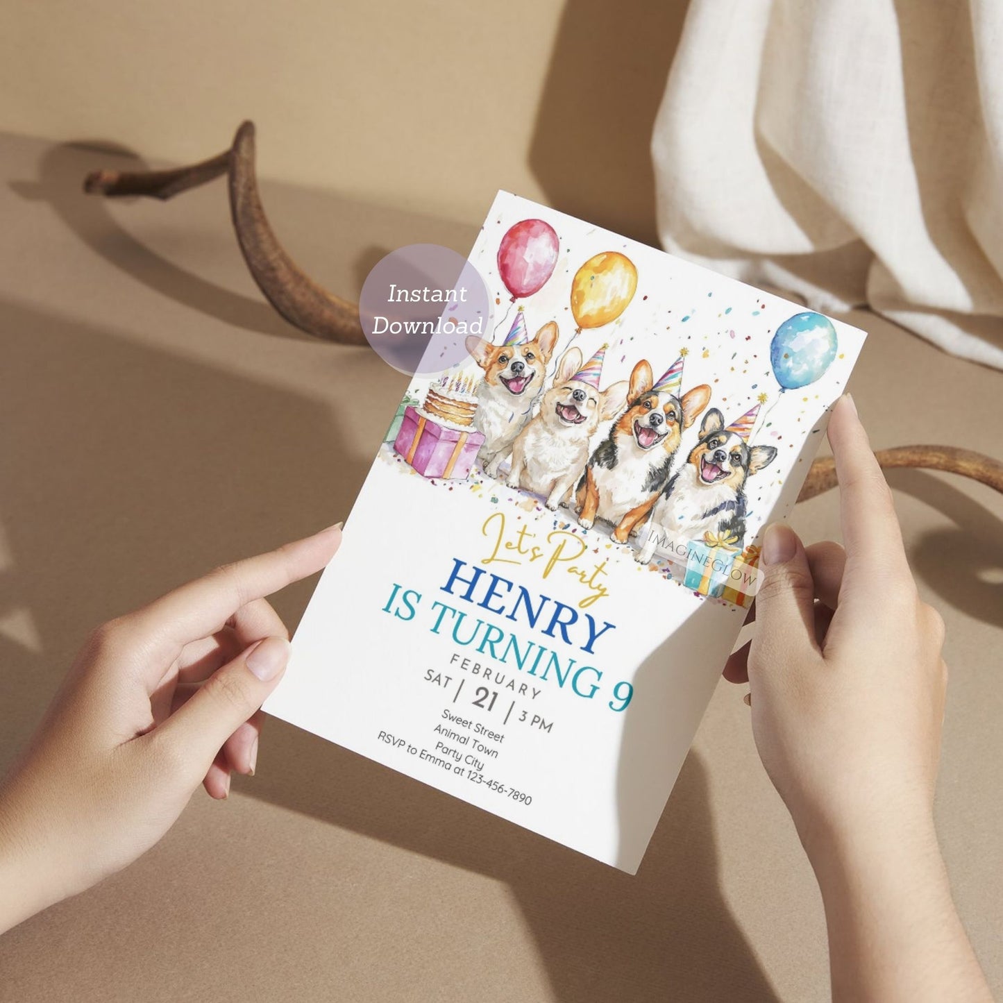 Digital Pembroke Welsh Corgi dog birthday invite.