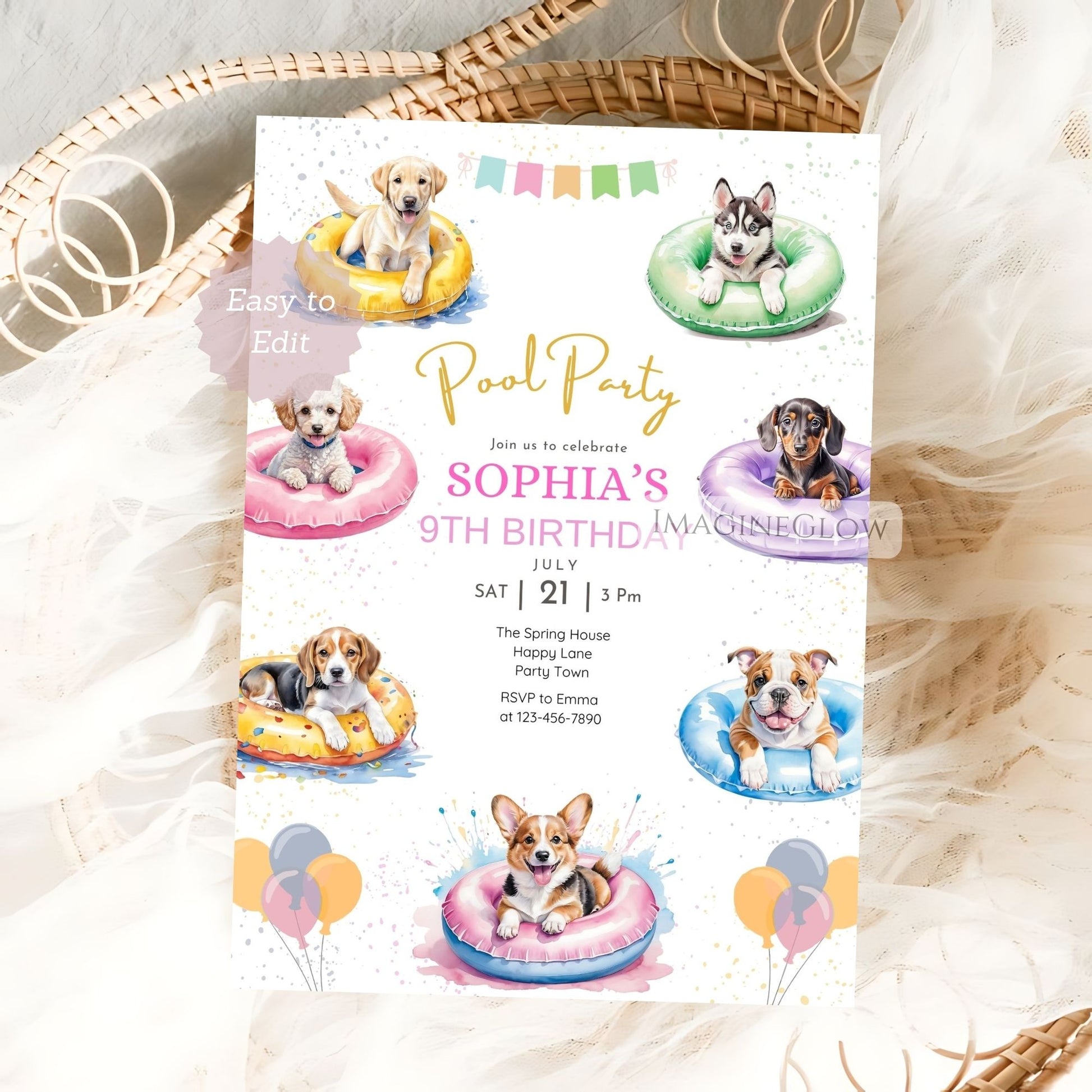 kids birthday puppy pool invitation