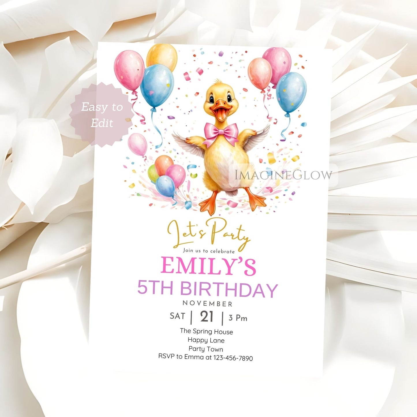 editable duck birthday card for girl