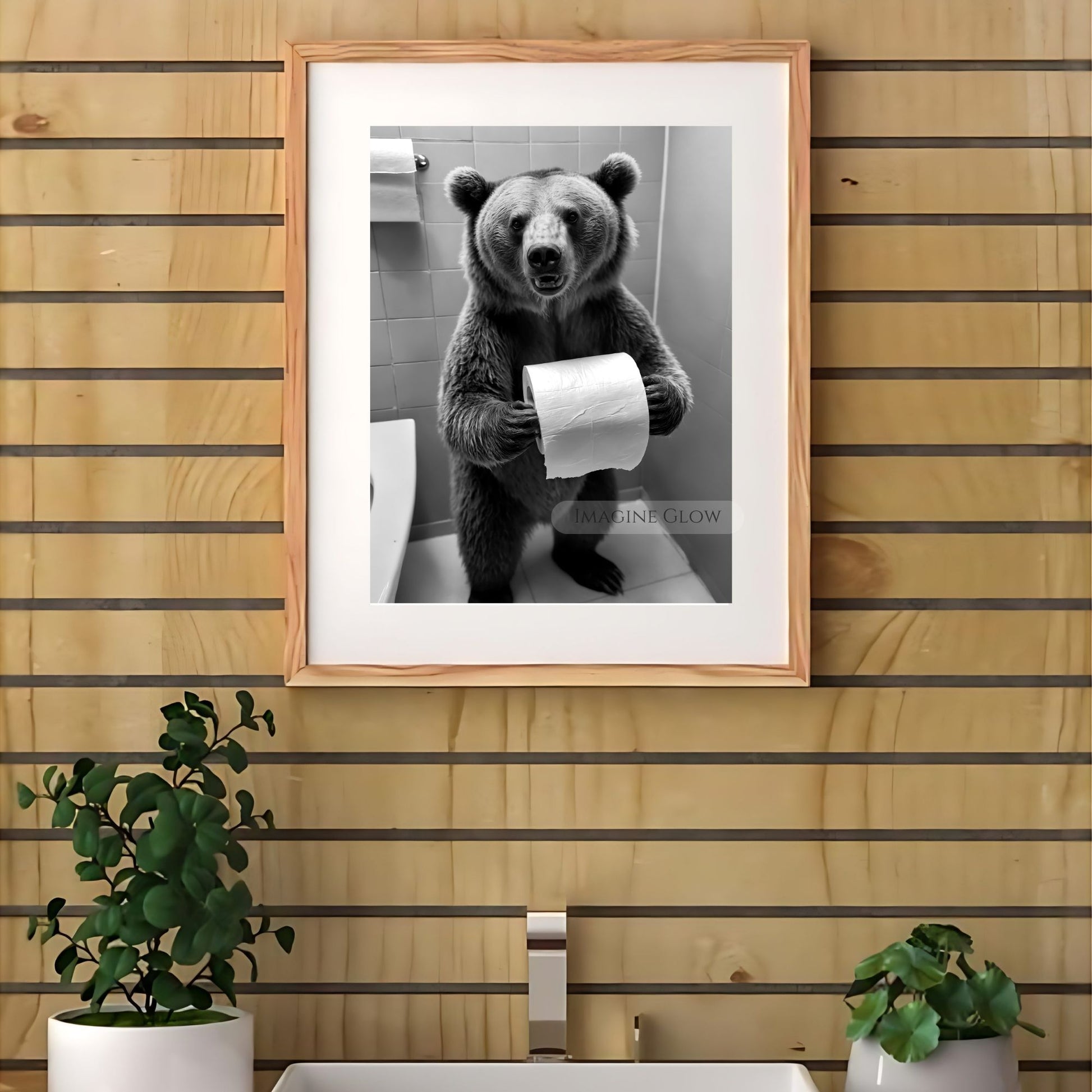 Humorous bear wall art for a fun bathroom vibe.