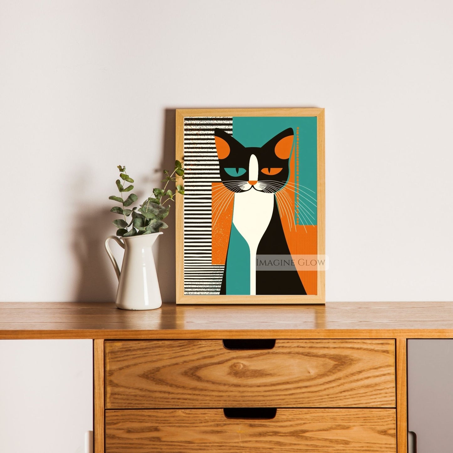 Abstract whimsical cat print with bold retro patterns.