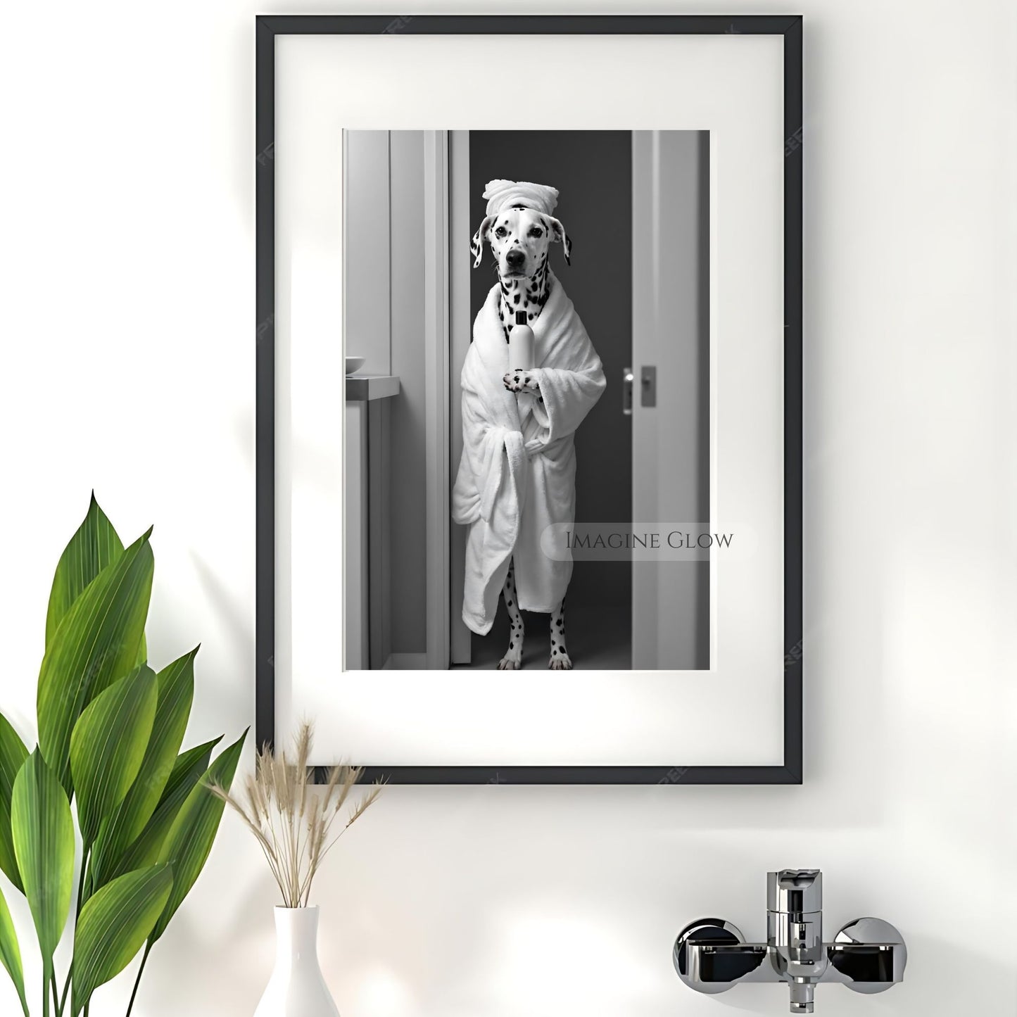 Funny bathroom art with Dalmatian dog in bathrobe style