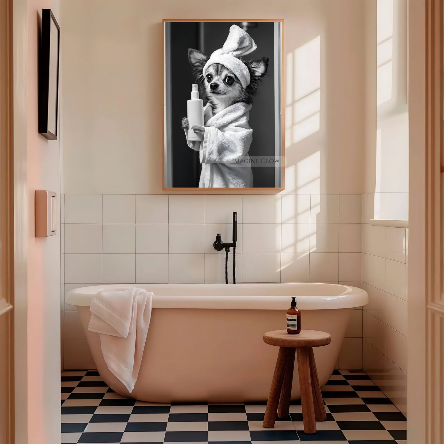 Funny bathroom art with Papillon dog in bathrobe style