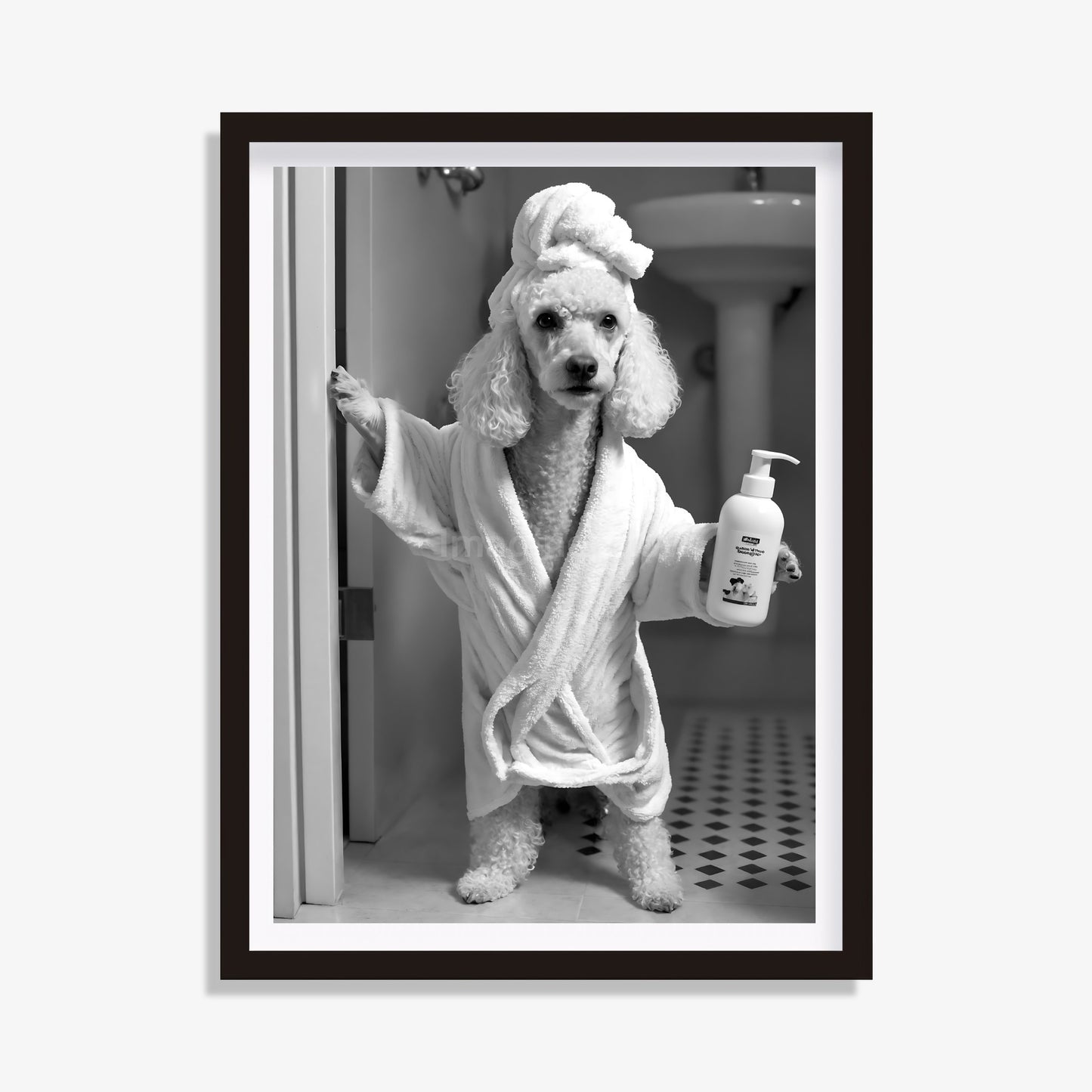 Funny toilet poster featuring a whimsical poodle in a bathtub.