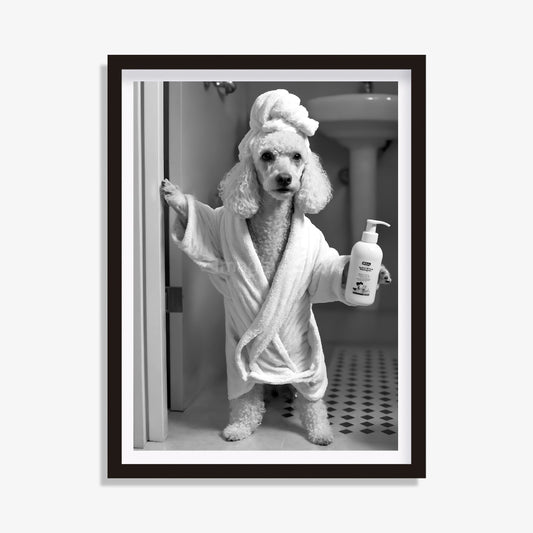 Funny toilet poster featuring a whimsical poodle in a bathtub.