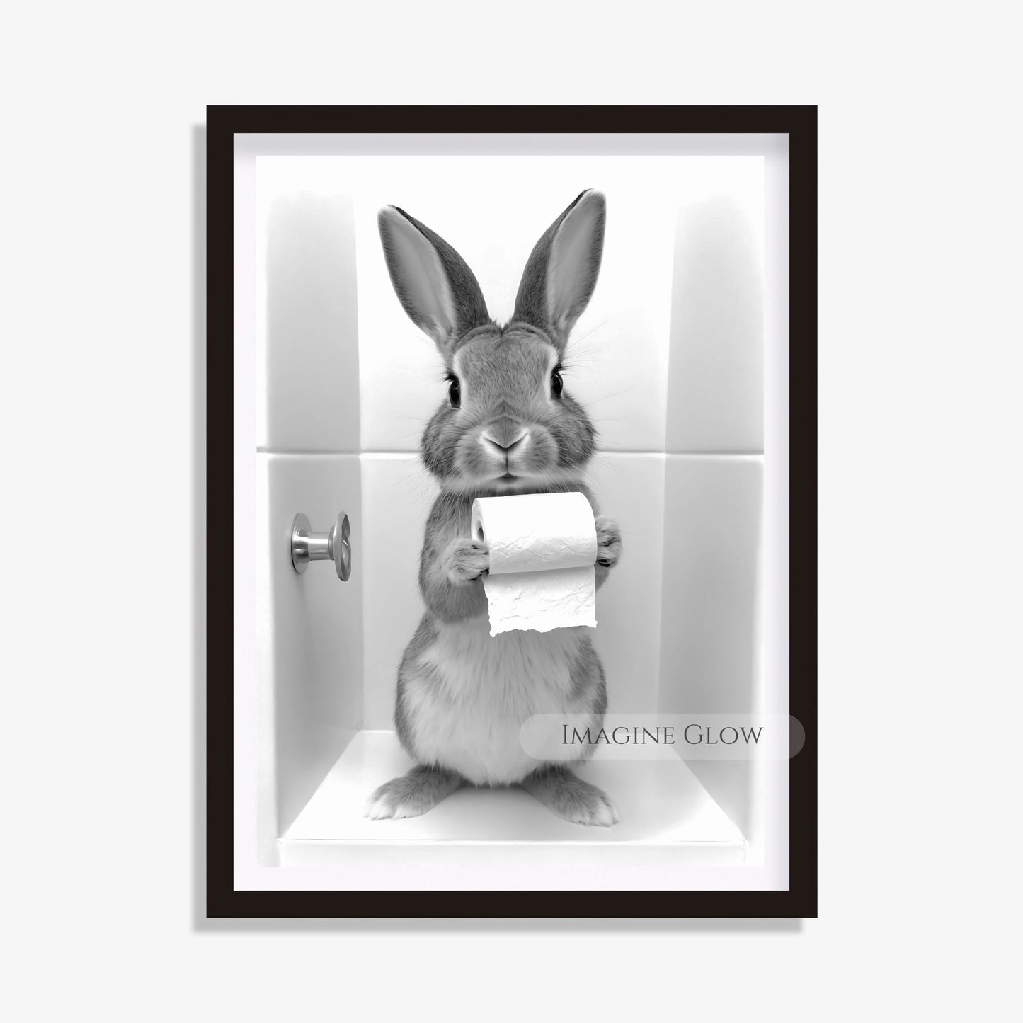 Bunny bathroom decor in color and black-and-white.