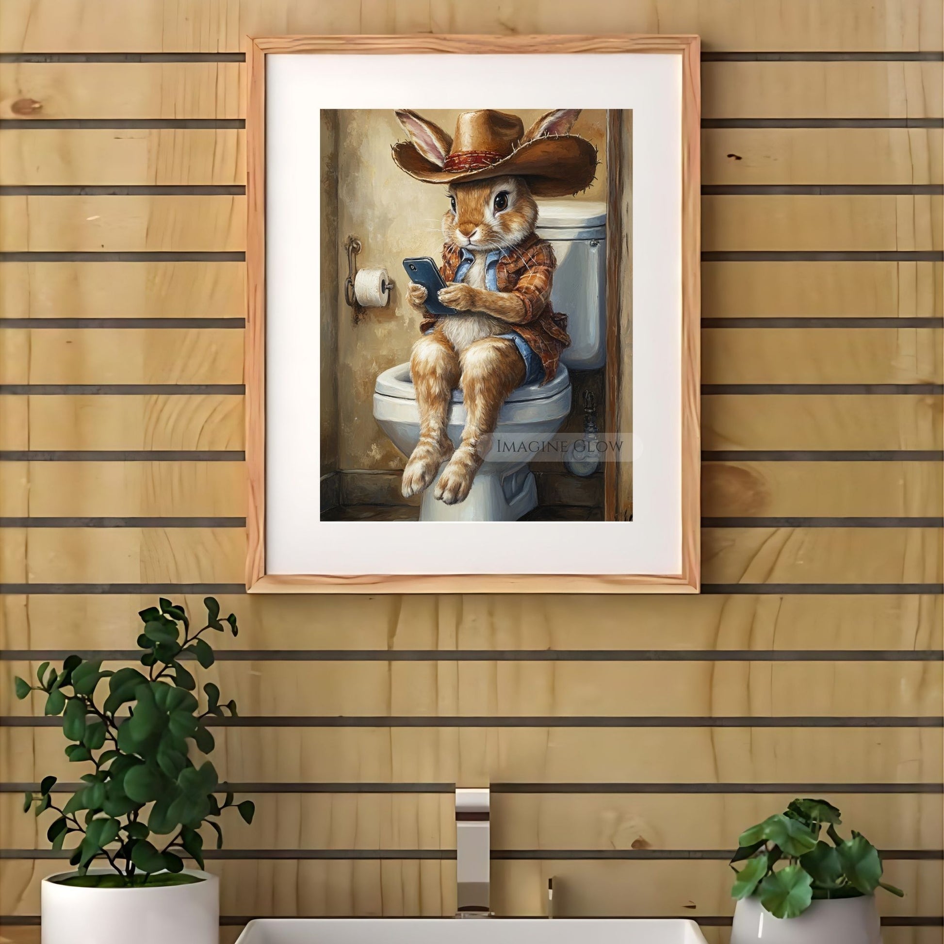 Rabbit playing mobile phone funny restroom poster.