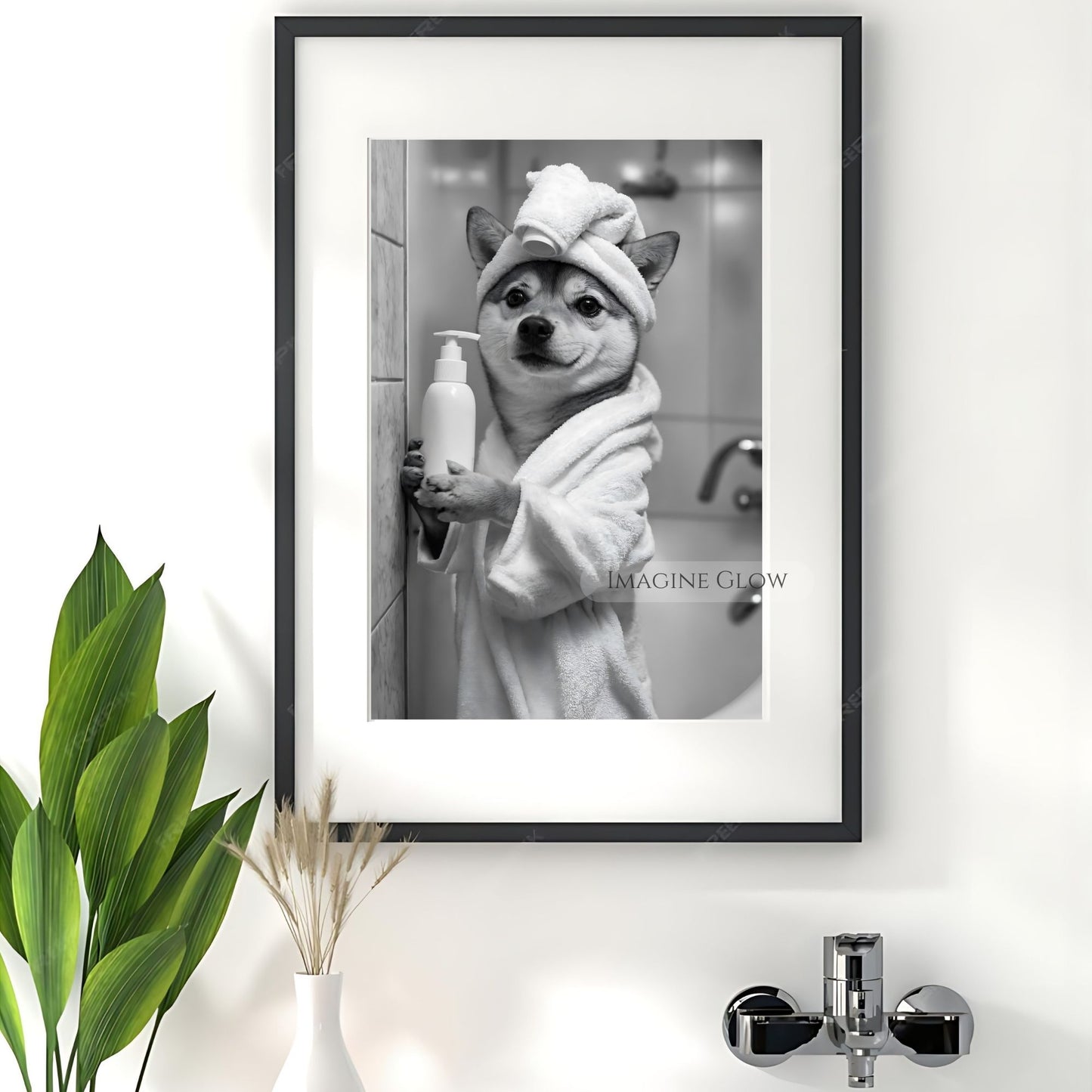 Quirky Shiba Inu bathroom print featuring a dog in a robe