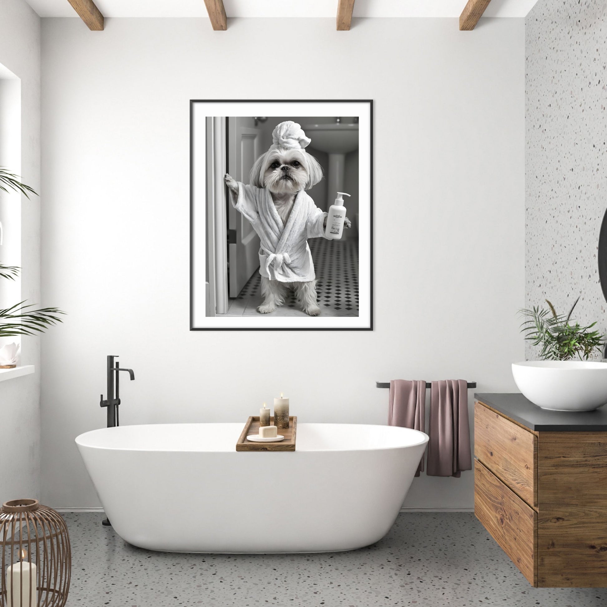 Black and white Shih Tzu print for restroom wall art and decor.