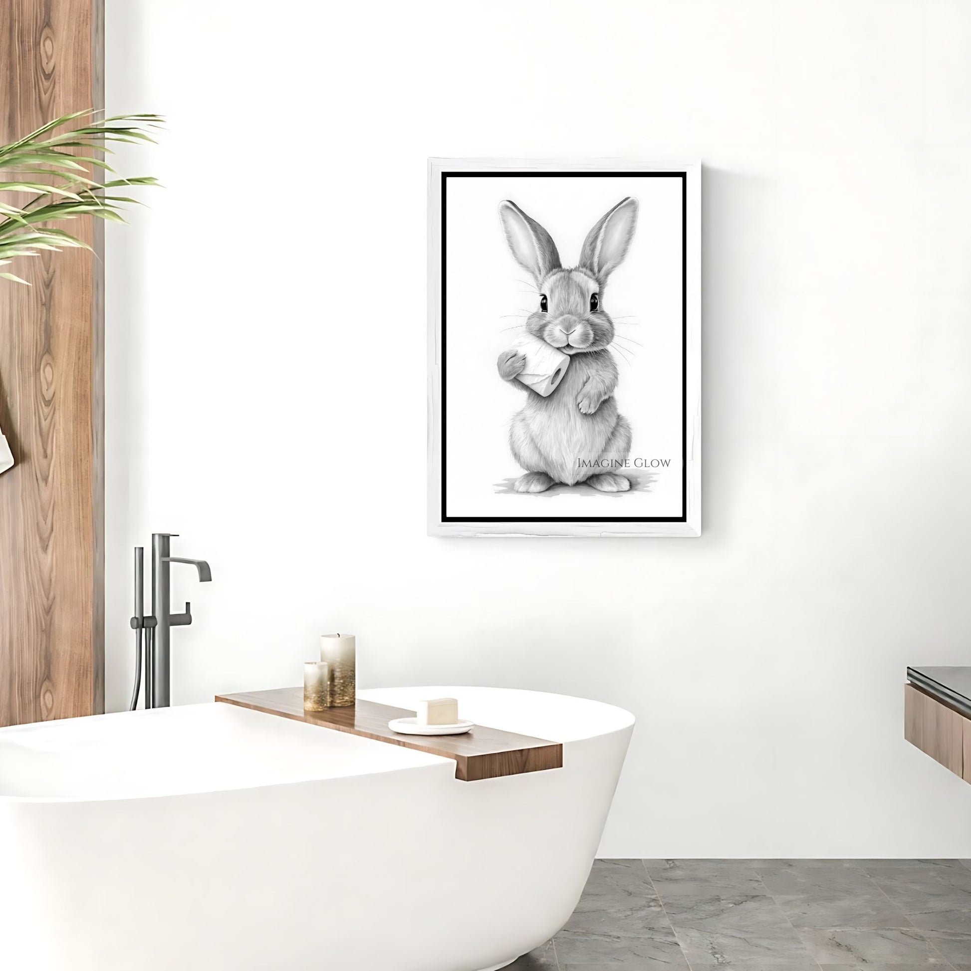 Whimsical bunny wall art for bathroom decor in monochrome tones.