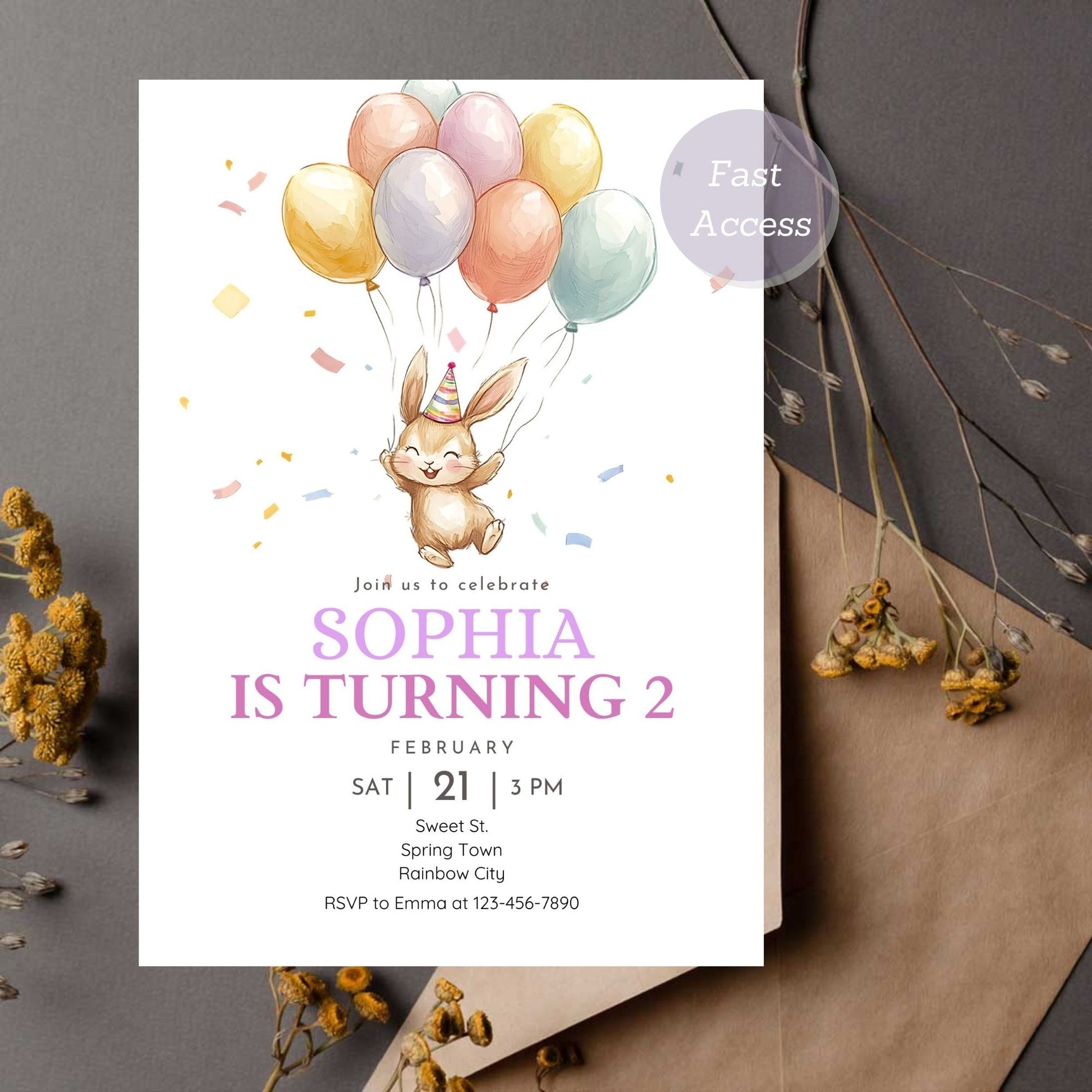 Digital Bunny Birthday Invitation - Personalized
Rabbit with Balloon Birthday Party Invite - Canva Editable