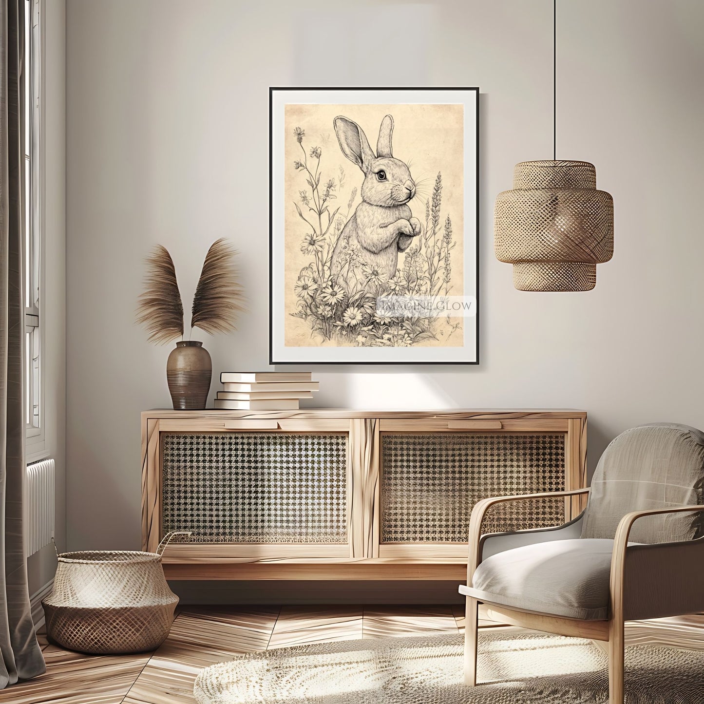 Delicate rabbit and floral art print for cottage decor.
