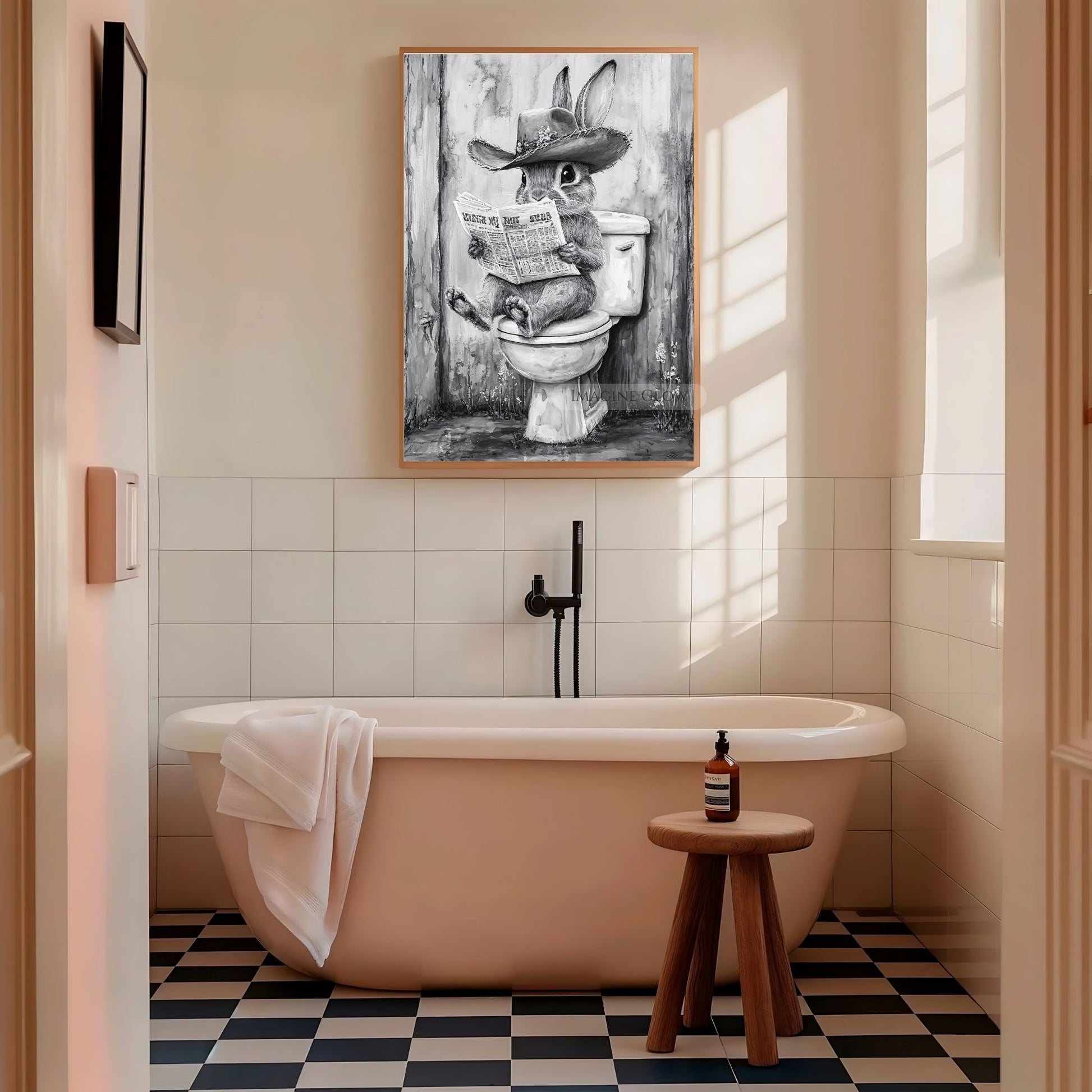 Cowboy rabbit sitting on toilet wall art printable.