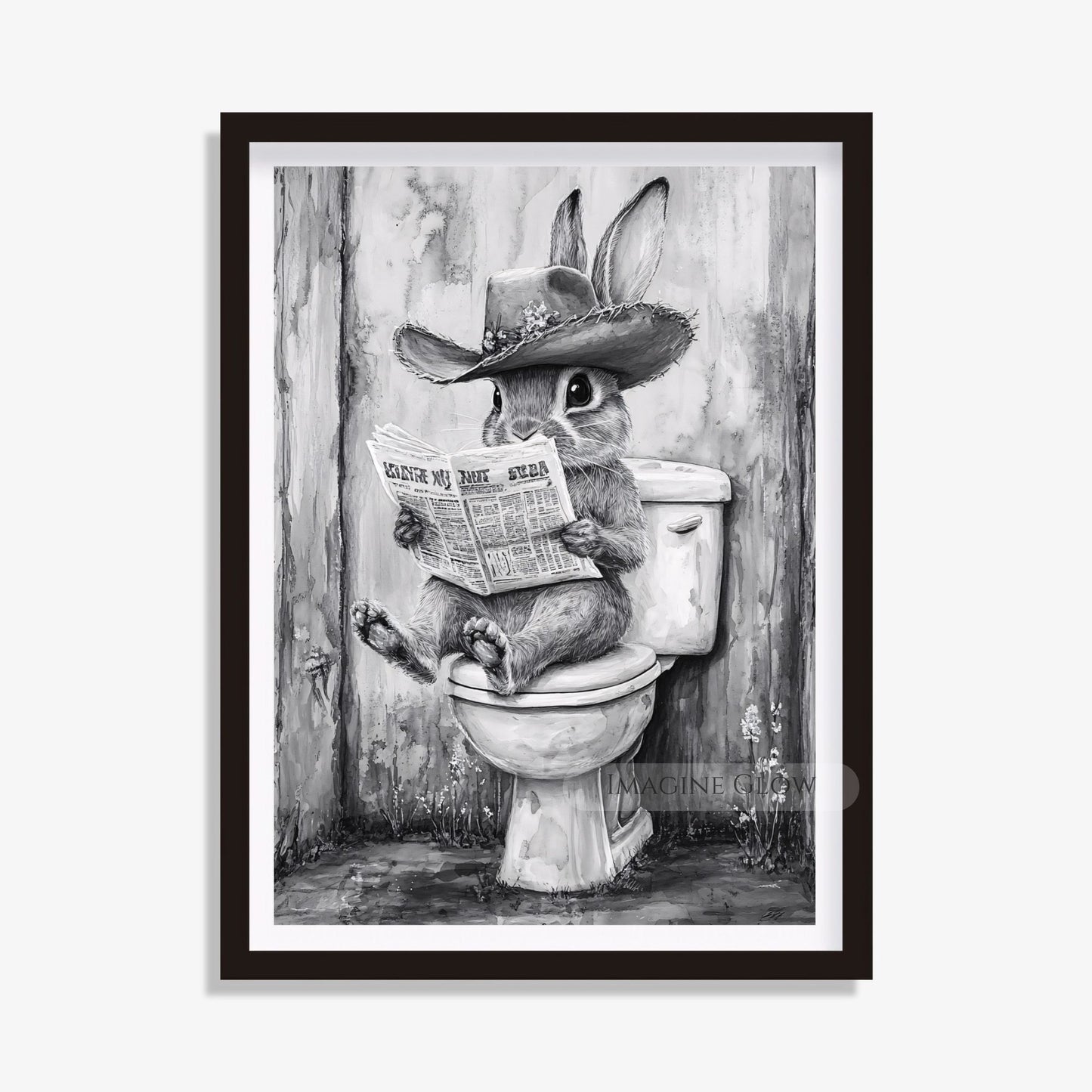 Funny rabbit sitting on a toilet reading a newspaper digital art.