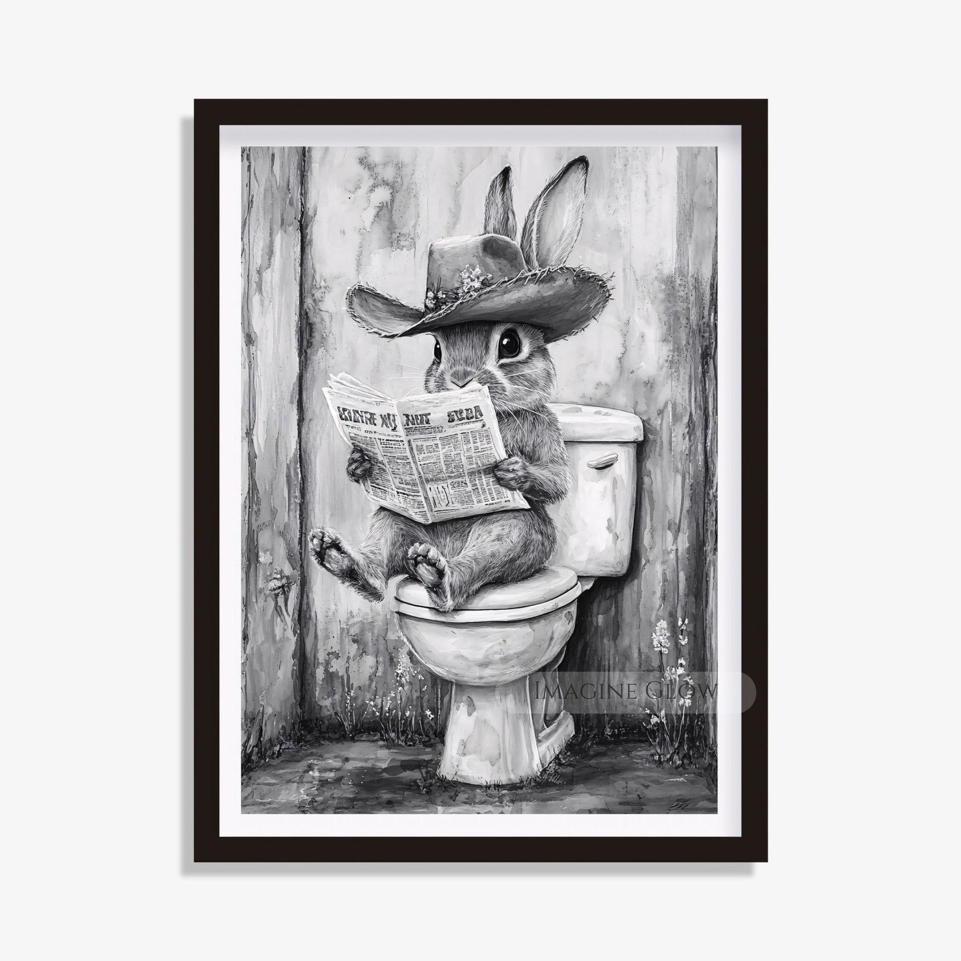 Funny rabbit sitting on a toilet reading a newspaper digital art.