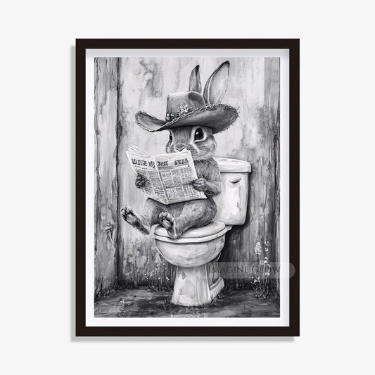 Funny rabbit sitting on a toilet reading a newspaper digital art.
