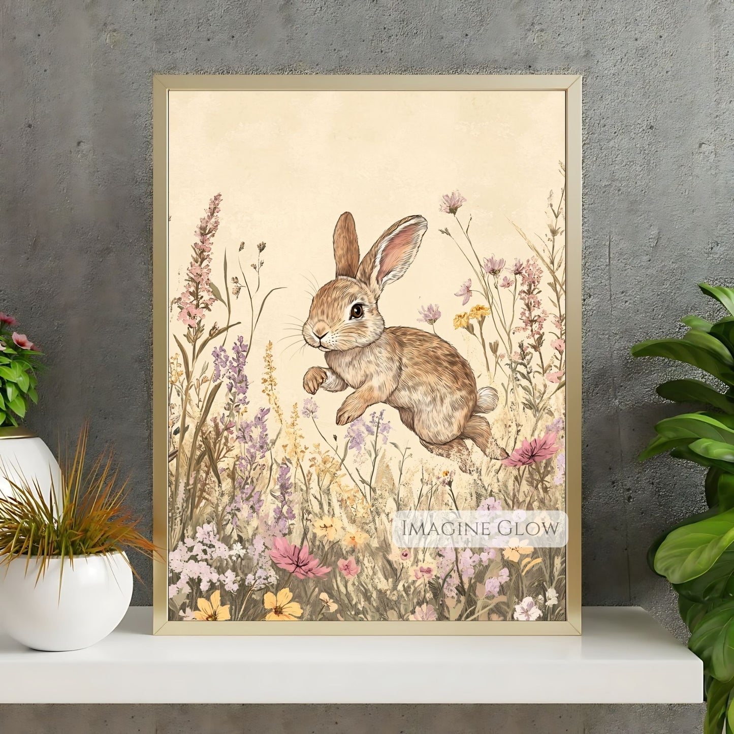 Rustic bunny painting with muted floral details.