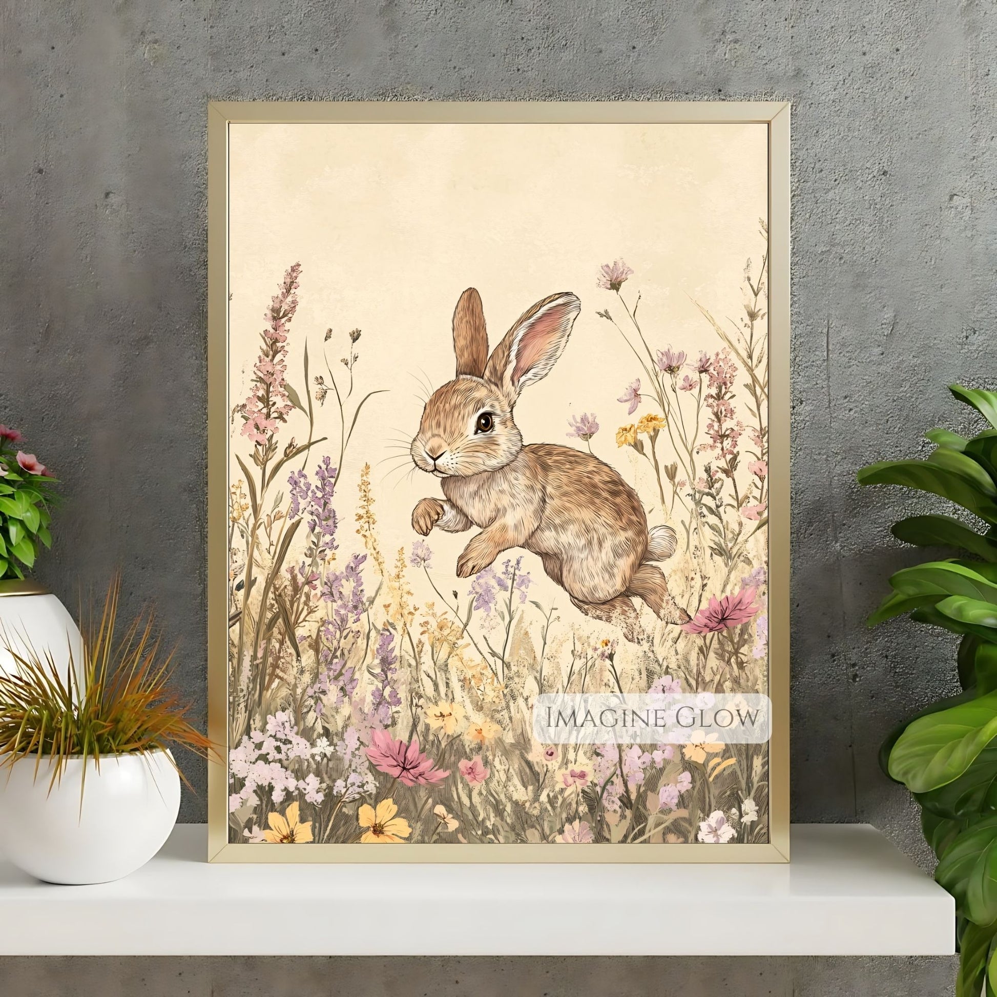 Rustic bunny painting with muted floral details.