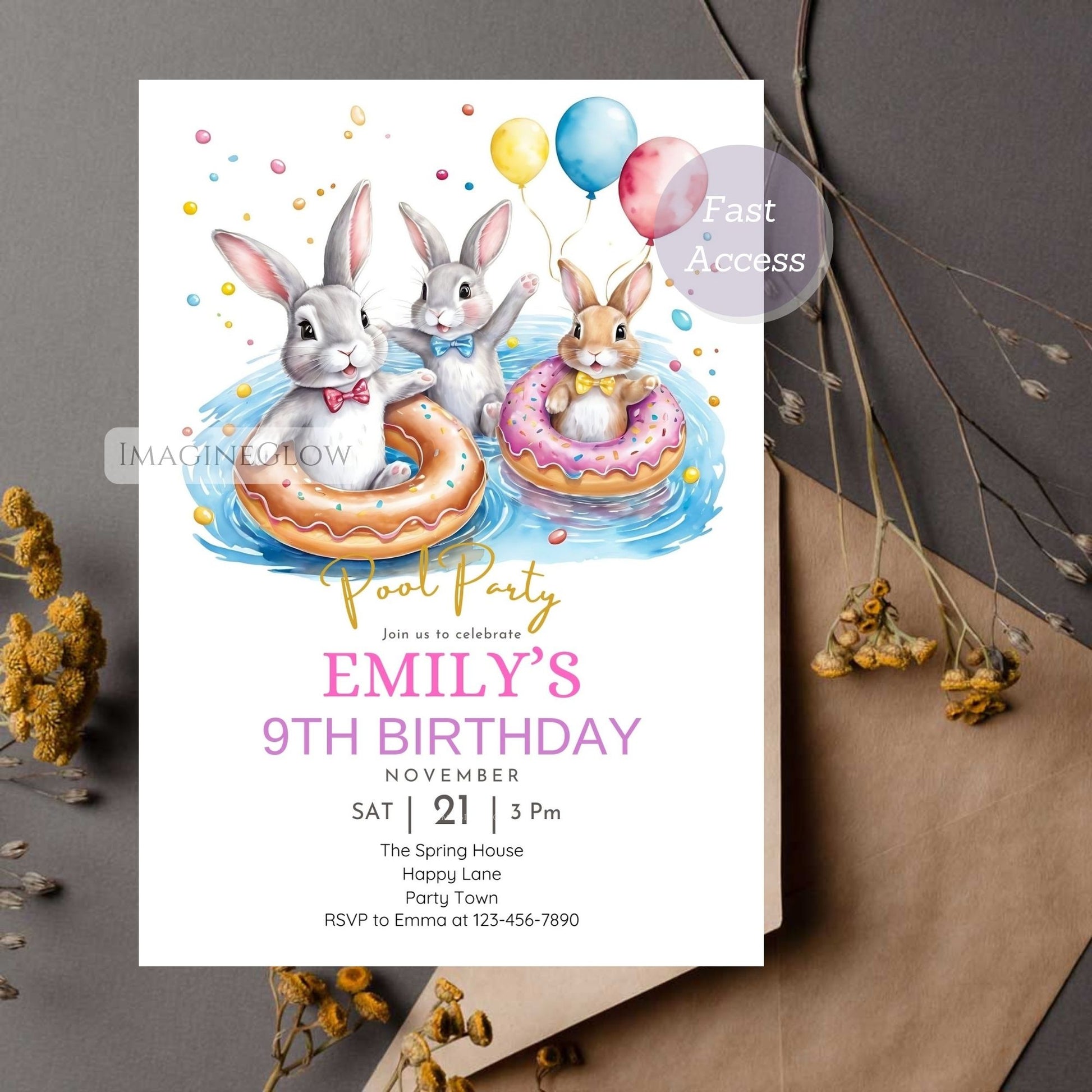 Fun rabbit pool party birthday invite
Digital rabbit birthday party invitation