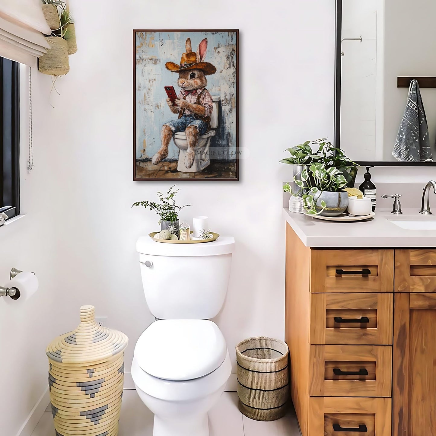 Quirky rabbit sitting on a toilet restroom poster printable.