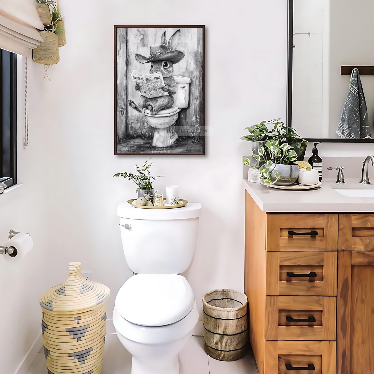 Rabbit on toilet reading newspaper funny bathroom decor.