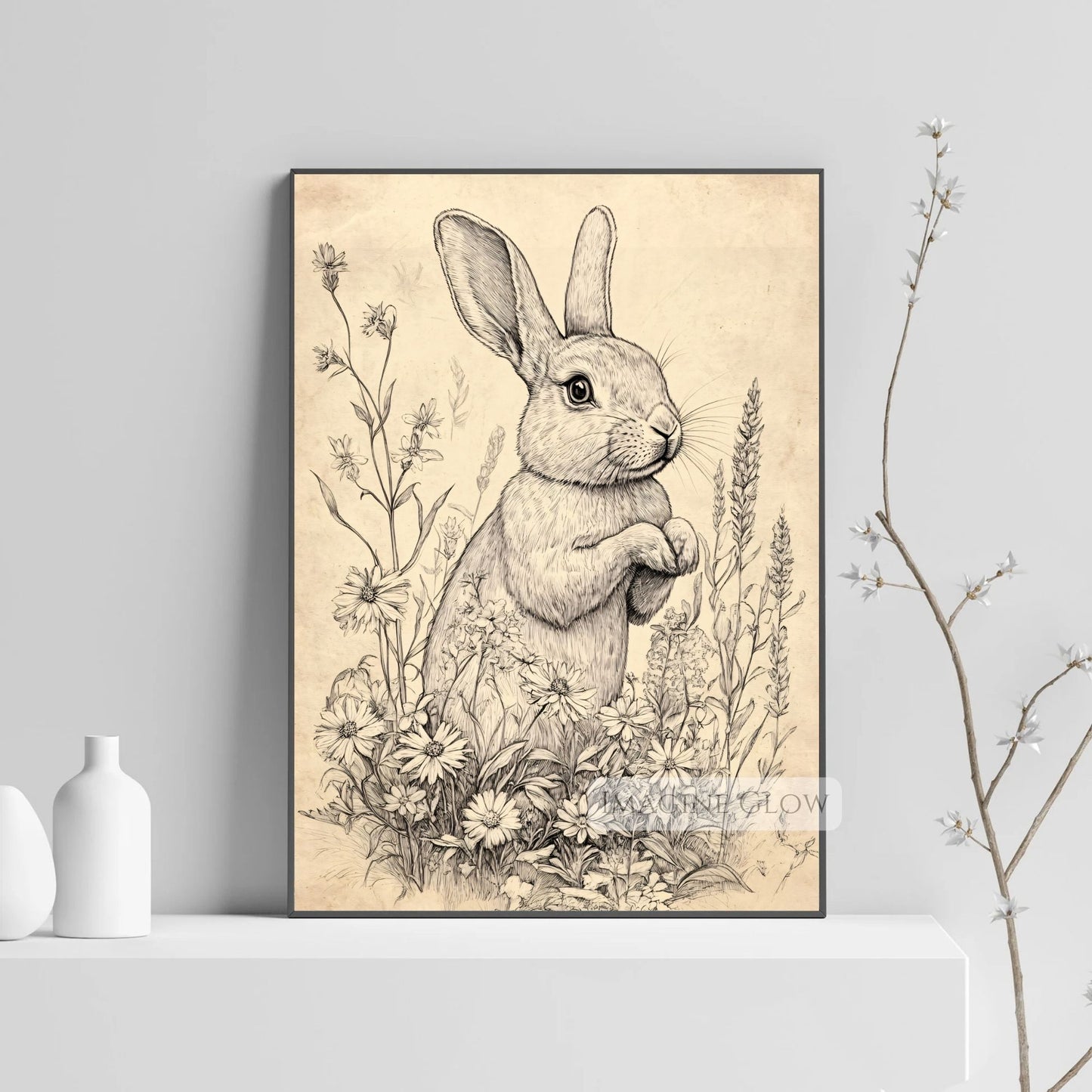Nature-inspired vintage bunny illustration for wall art.