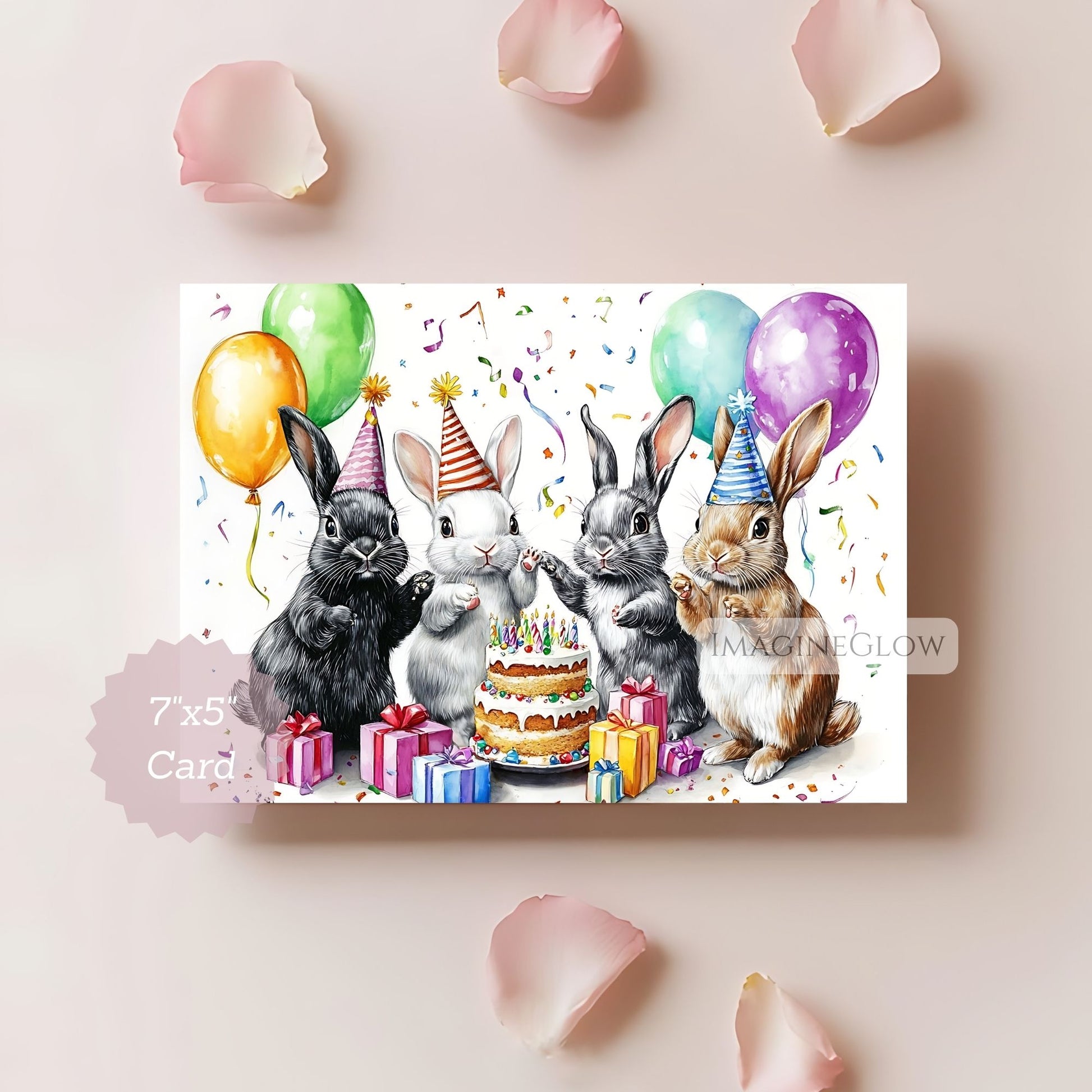 Birthday card with rabbits, balloons, and a cake on a light pink background.