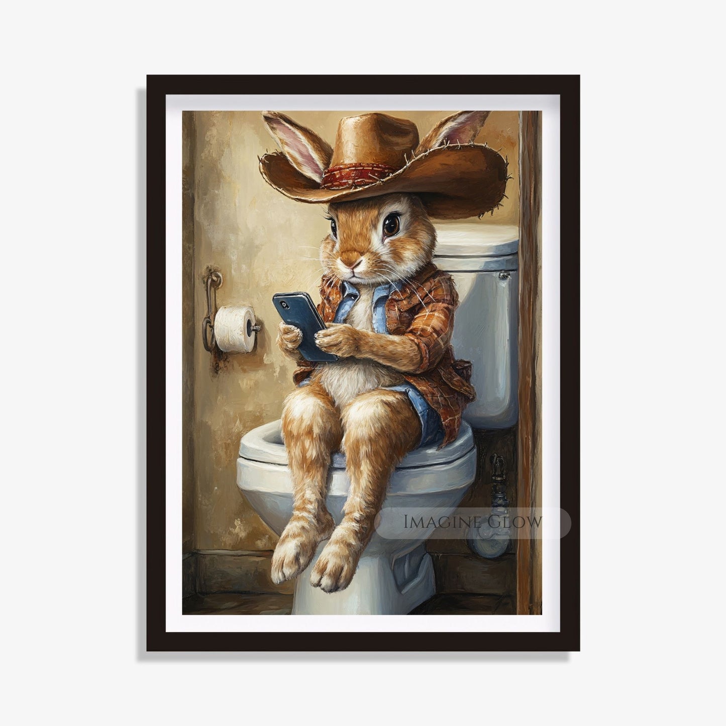 Rabbit sitting on toilet playing mobile phone wall art.