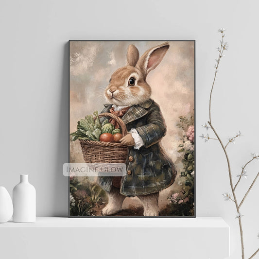 Victorian rabbit carrying a basket of vegetables in the countryside.
